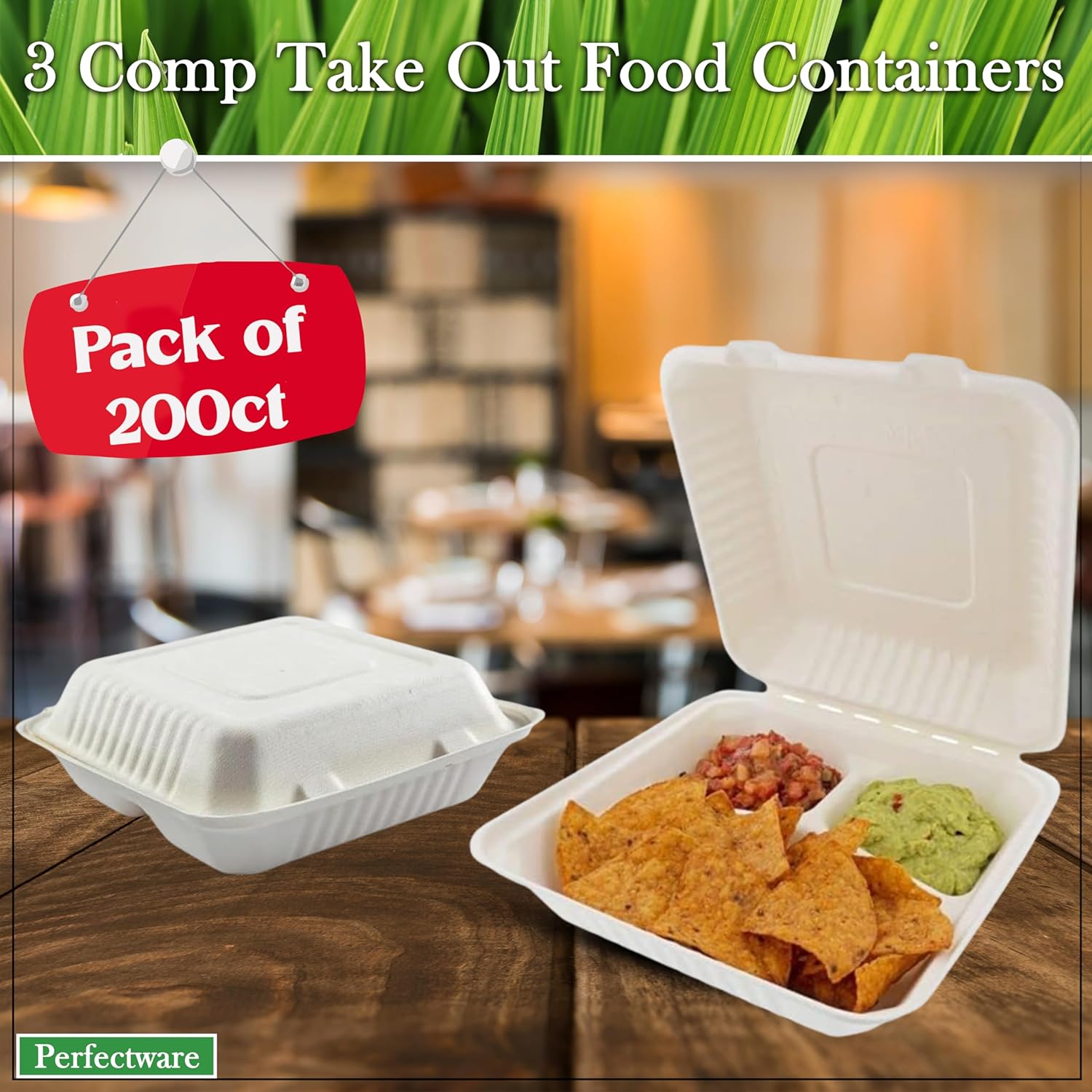 100% Compostable 3 Comp Take Out Food Containers 9x9x3, Natural Disposable Bagasse, Eco-Friendly Biodegradable Made of Sugar Cane-Toppalletfly