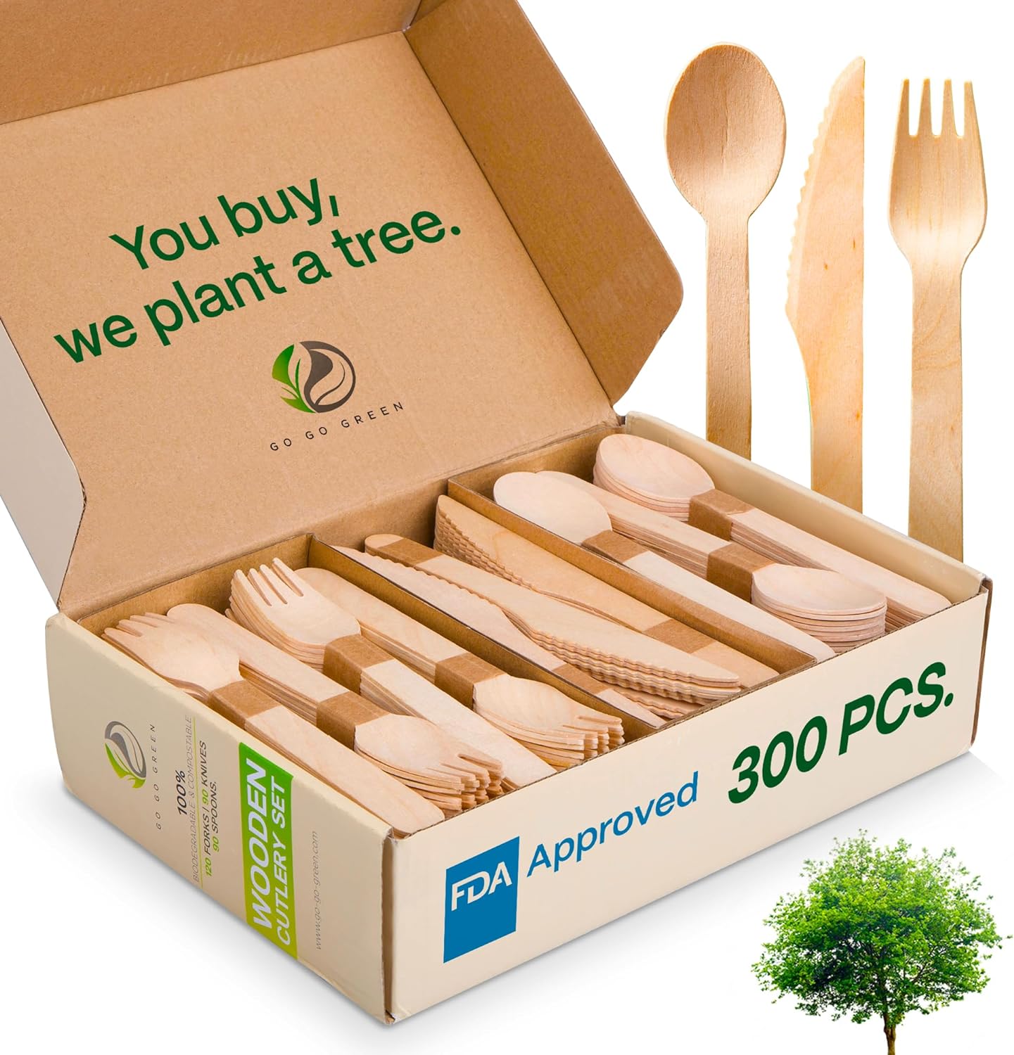 100% Compostable Cutlery Set - 300 Pieces Wooden Utensils, 120 Forks, 90 Knives, 90 Spoons - Disposable Eco Friendly-Toppalletfly