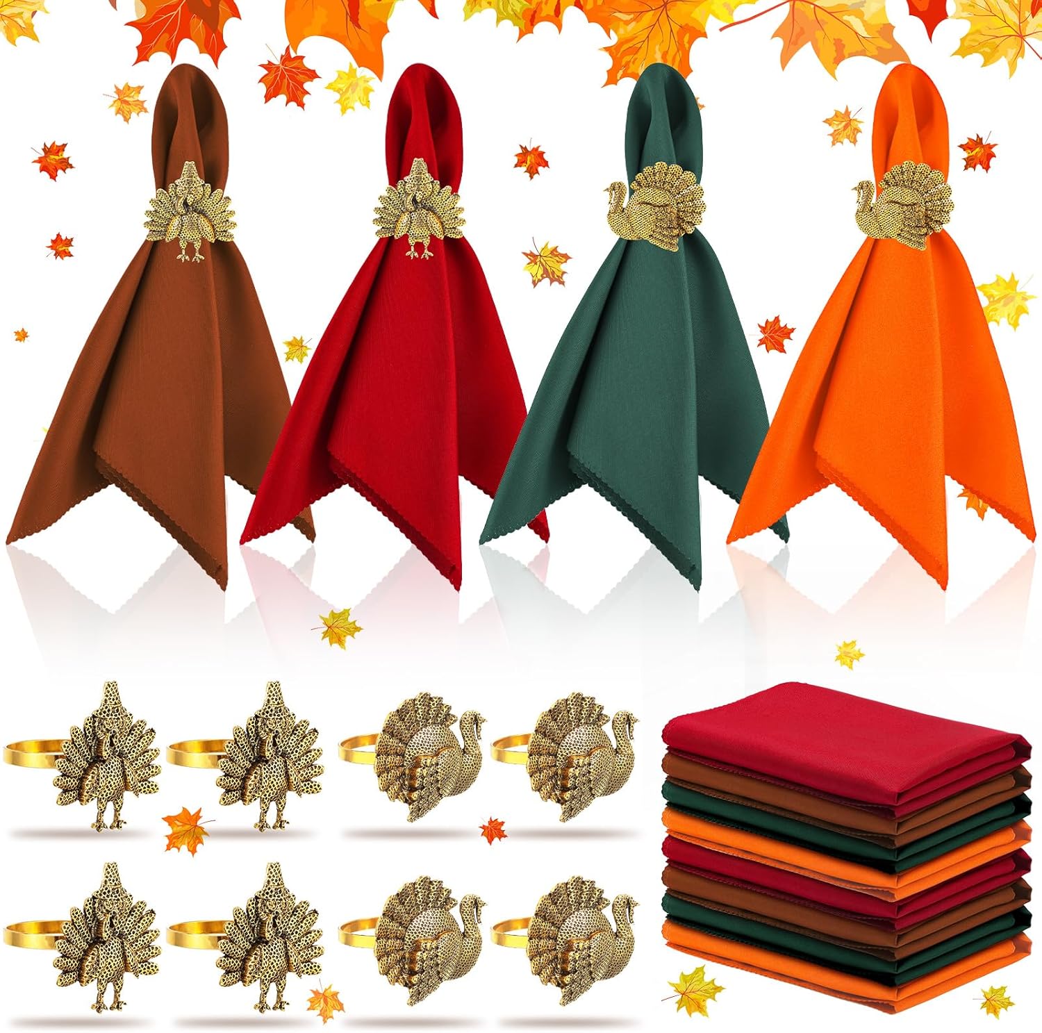 16-Piece Fall Napkin Ring & Napkin Set – 8 Napkin Rings & 8 Washable Napkins for Thanksgiving & Autumn Decor-Toppalletfly