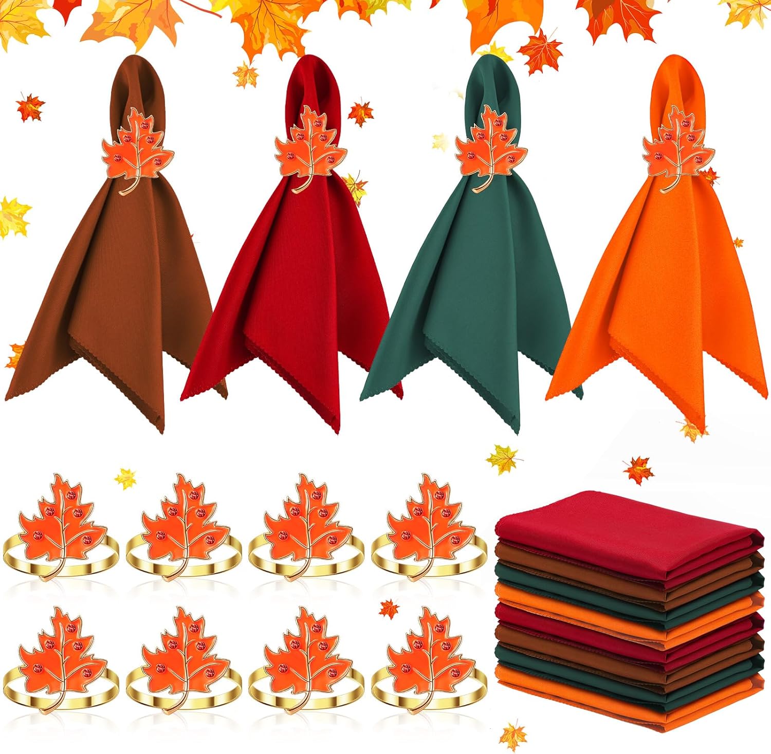 16-Piece Fall Napkin Ring & Napkin Set – 8 Napkin Rings & 8 Washable Napkins for Thanksgiving & Autumn Decor-Toppalletfly