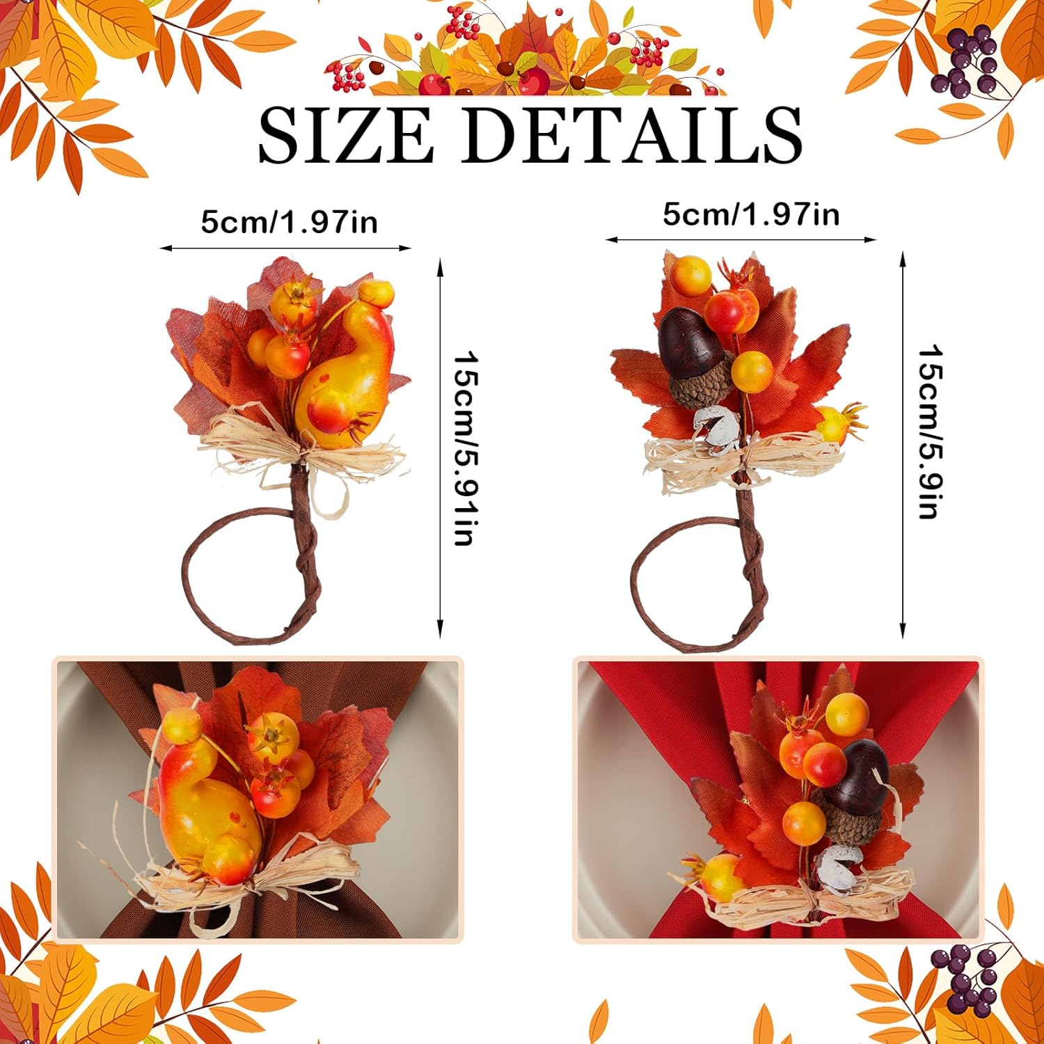 16-Piece Fall Napkin Ring & Napkin Set – 8 Napkin Rings & 8 Washable Napkins for Thanksgiving & Autumn Decor-Toppalletfly