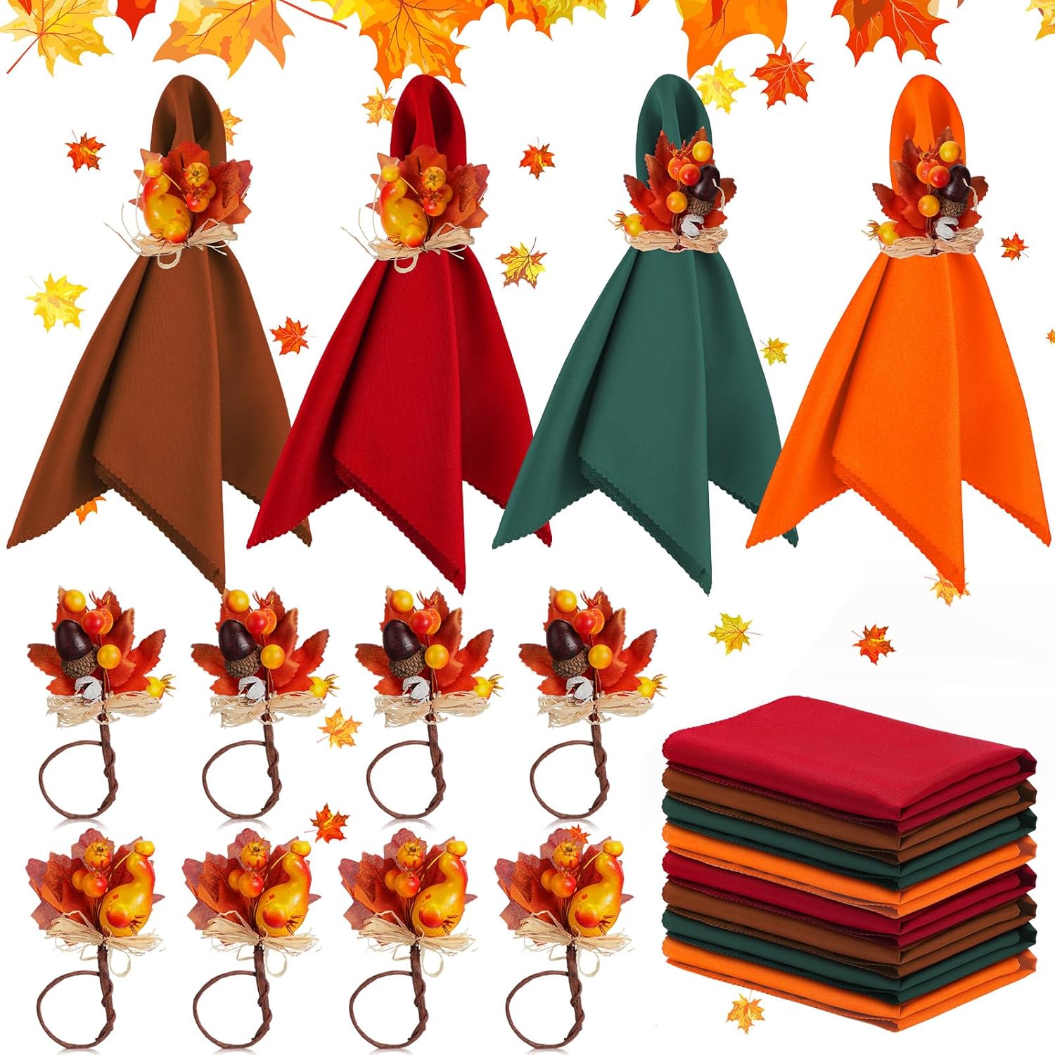 16-Piece Fall Napkin Ring & Napkin Set – 8 Napkin Rings & 8 Washable Napkins for Thanksgiving & Autumn Decor-Toppalletfly