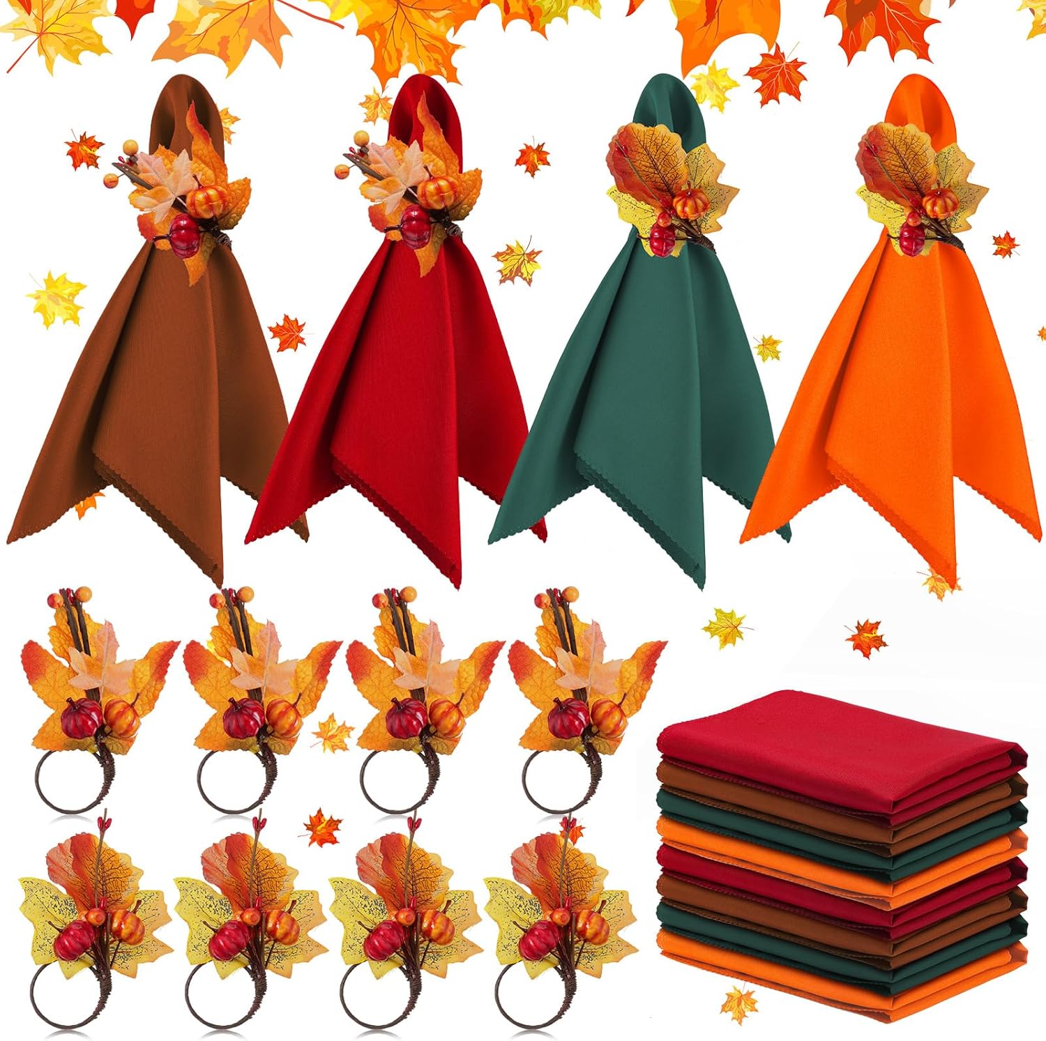 16-Piece Fall Napkin Ring & Napkin Set – 8 Napkin Rings & 8 Washable Napkins for Thanksgiving & Autumn Decor-Toppalletfly