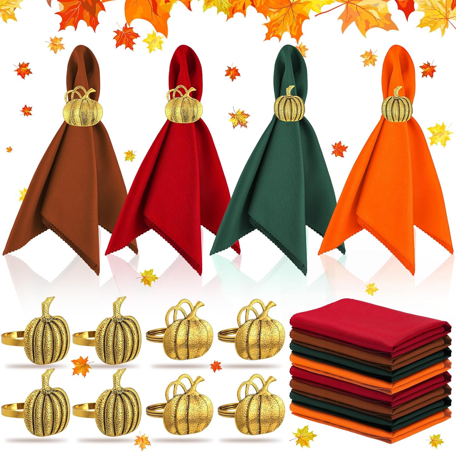 16-Piece Fall Napkin Ring & Napkin Set – 8 Napkin Rings & 8 Washable Napkins for Thanksgiving & Autumn Decor-Toppalletfly