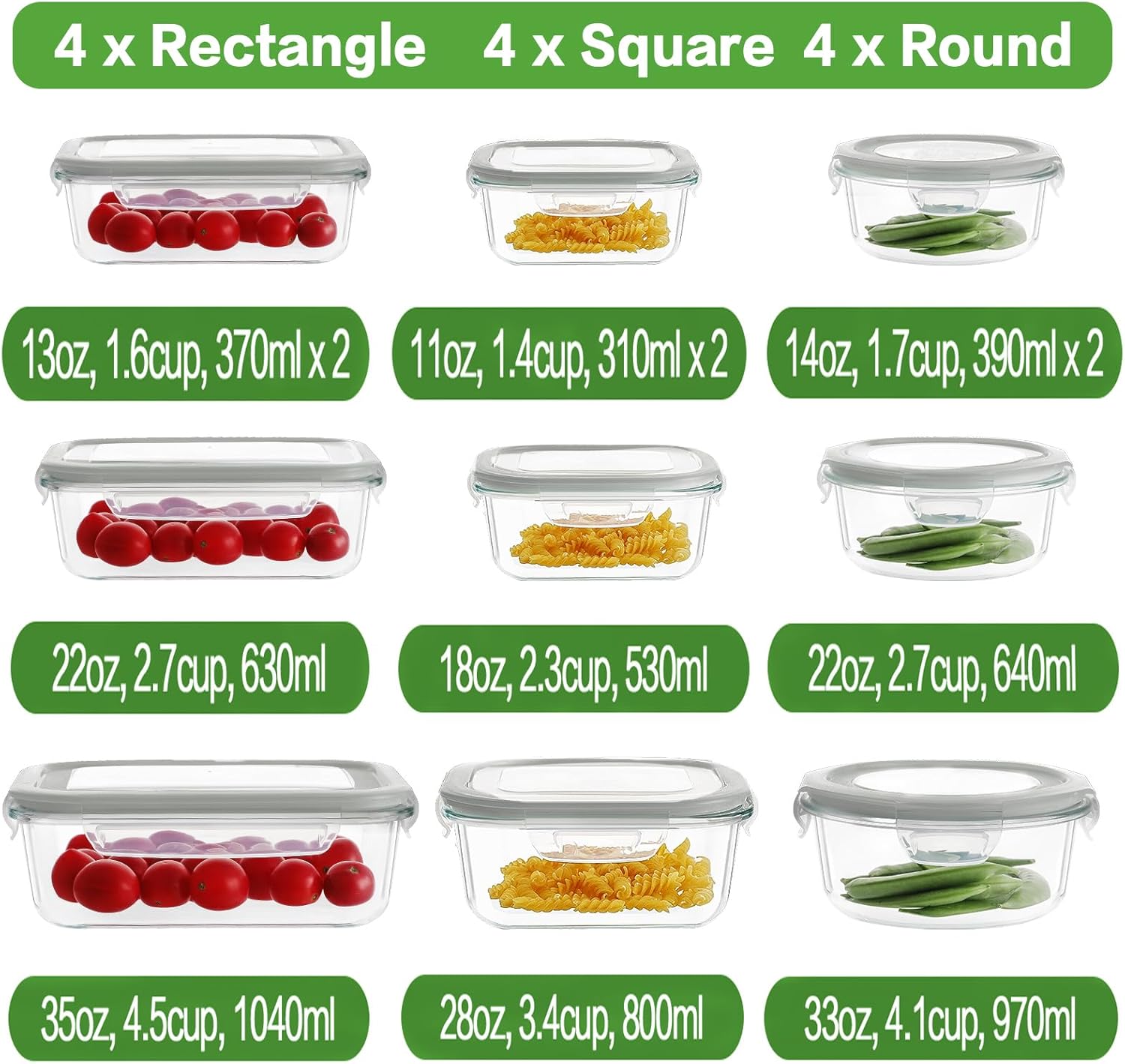 24 Piece Glass Food Storage Containers with Lids, Airtight Glass Lunch Bento Boxes, BPA Free & Leak Proof,12 lids, 12 Containers-Toppalletfly