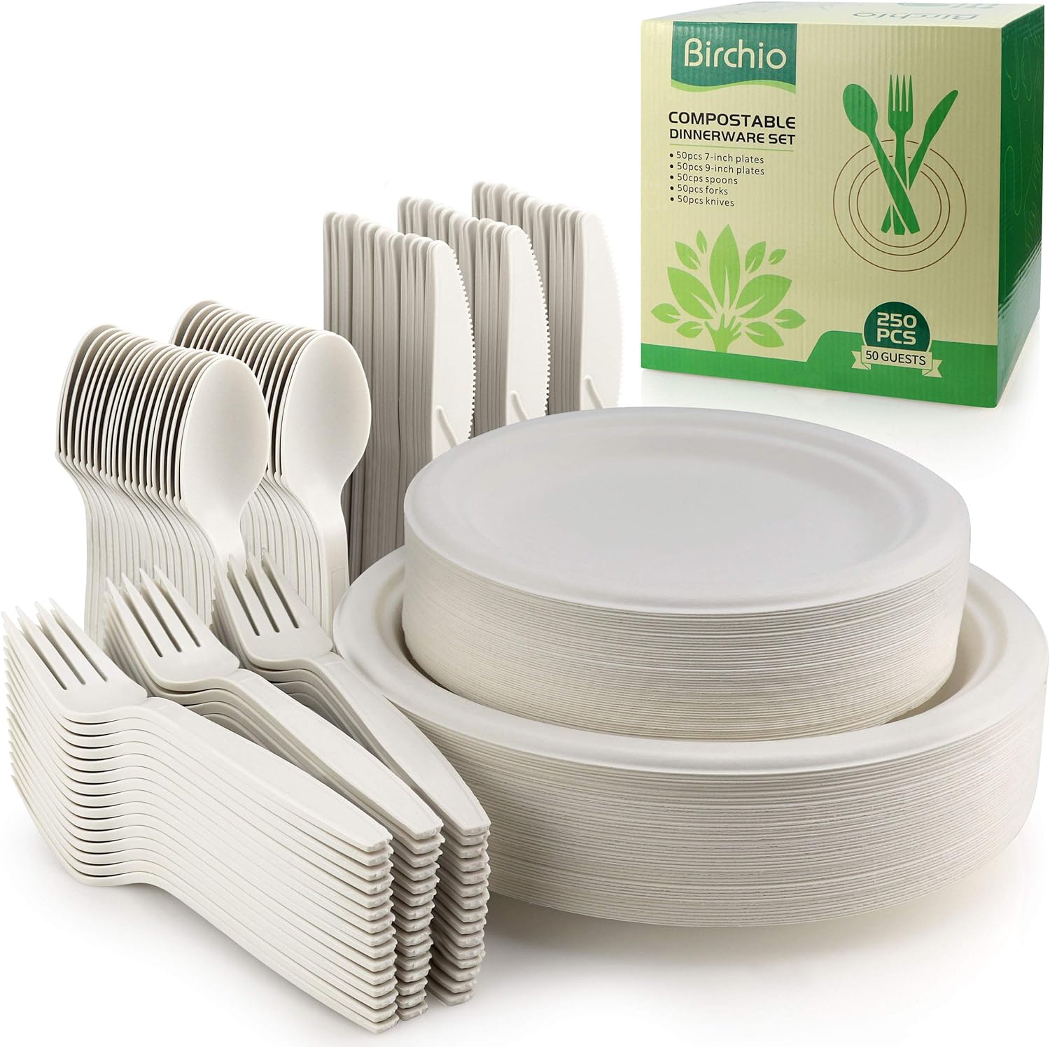 250 Piece Biodegradable Paper Plates Set, Disposable Dinnerware Set, Eco Friendly Compostable Plates & Utensil include Plates, Forks, Knives Spoons-Toppalletfly