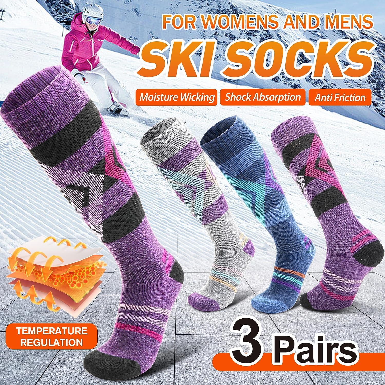 3 Pairs Wool Ski Socks for Womens Mens, Thermal Winter Warm Thick Knee High Socks for Skiing Snowboarding-Toppalletfly