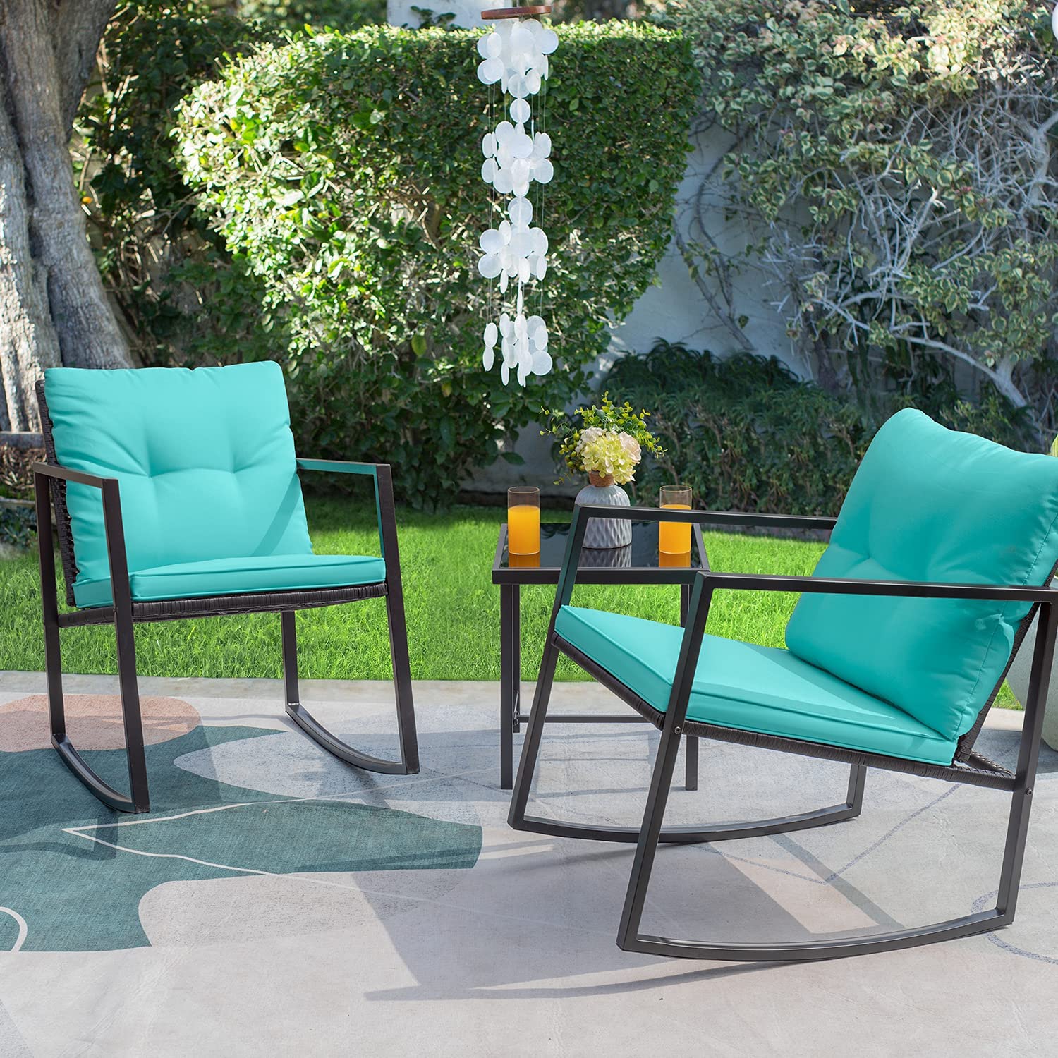 3 Pieces Rocking Wicker Bistro Set, Patio Outdoor Furniture-Toppalletfly