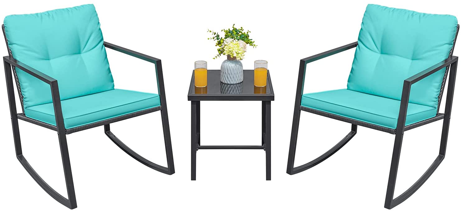 3 Pieces Rocking Wicker Bistro Set, Patio Outdoor Furniture-Toppalletfly