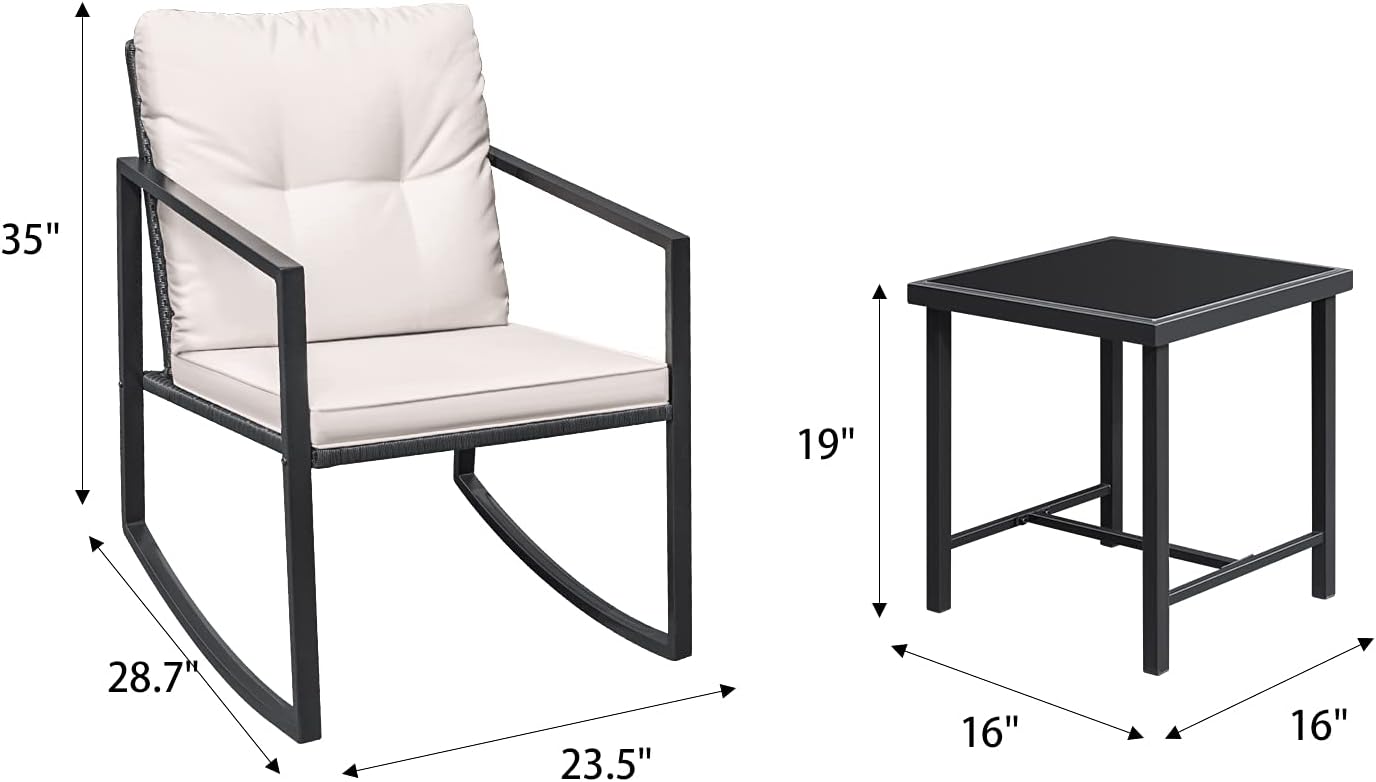 3 Pieces Rocking Wicker Bistro Set, Patio Outdoor Furniture Conversation Sets with Porch Chairs and Glass Coffee Table-Toppalletfly
