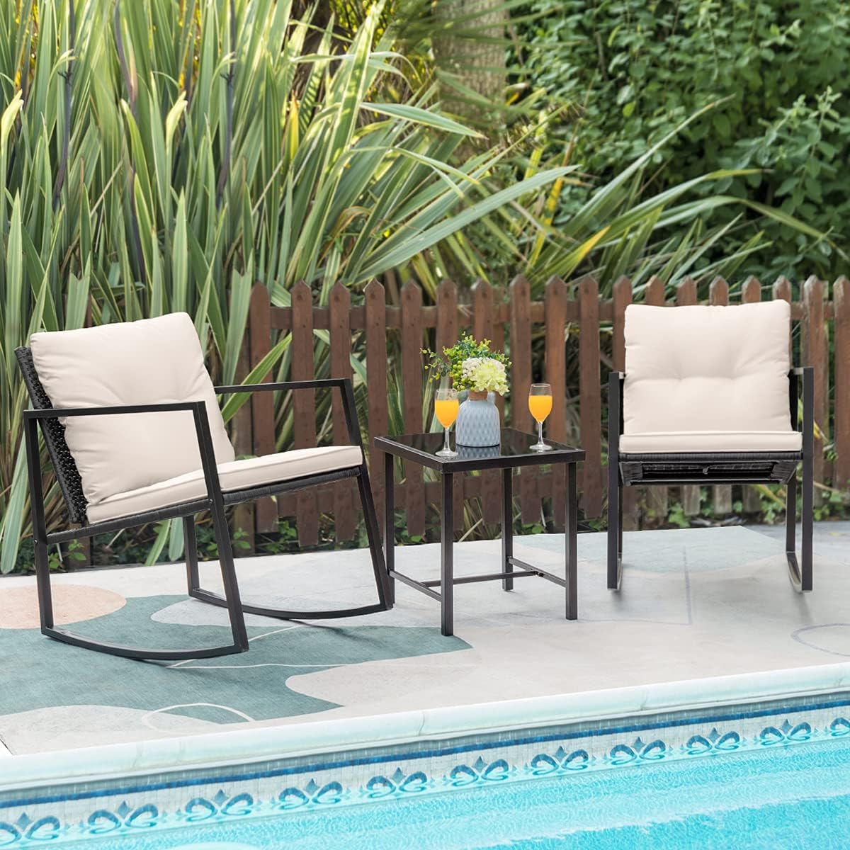 3 Pieces Rocking Wicker Bistro Set, Patio Outdoor Furniture Conversation Sets with Porch Chairs and Glass Coffee Table-Toppalletfly