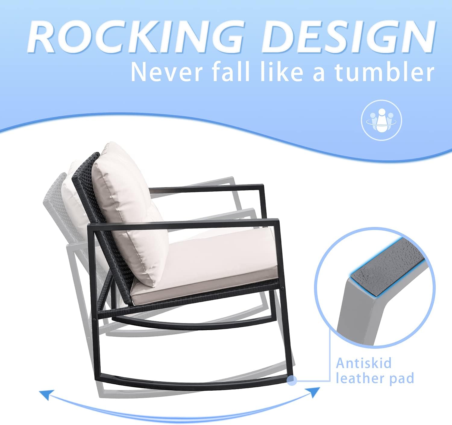 3 Pieces Rocking Wicker Bistro Set, Patio Outdoor Furniture Conversation Sets with Porch Chairs and Glass Coffee Table-Toppalletfly