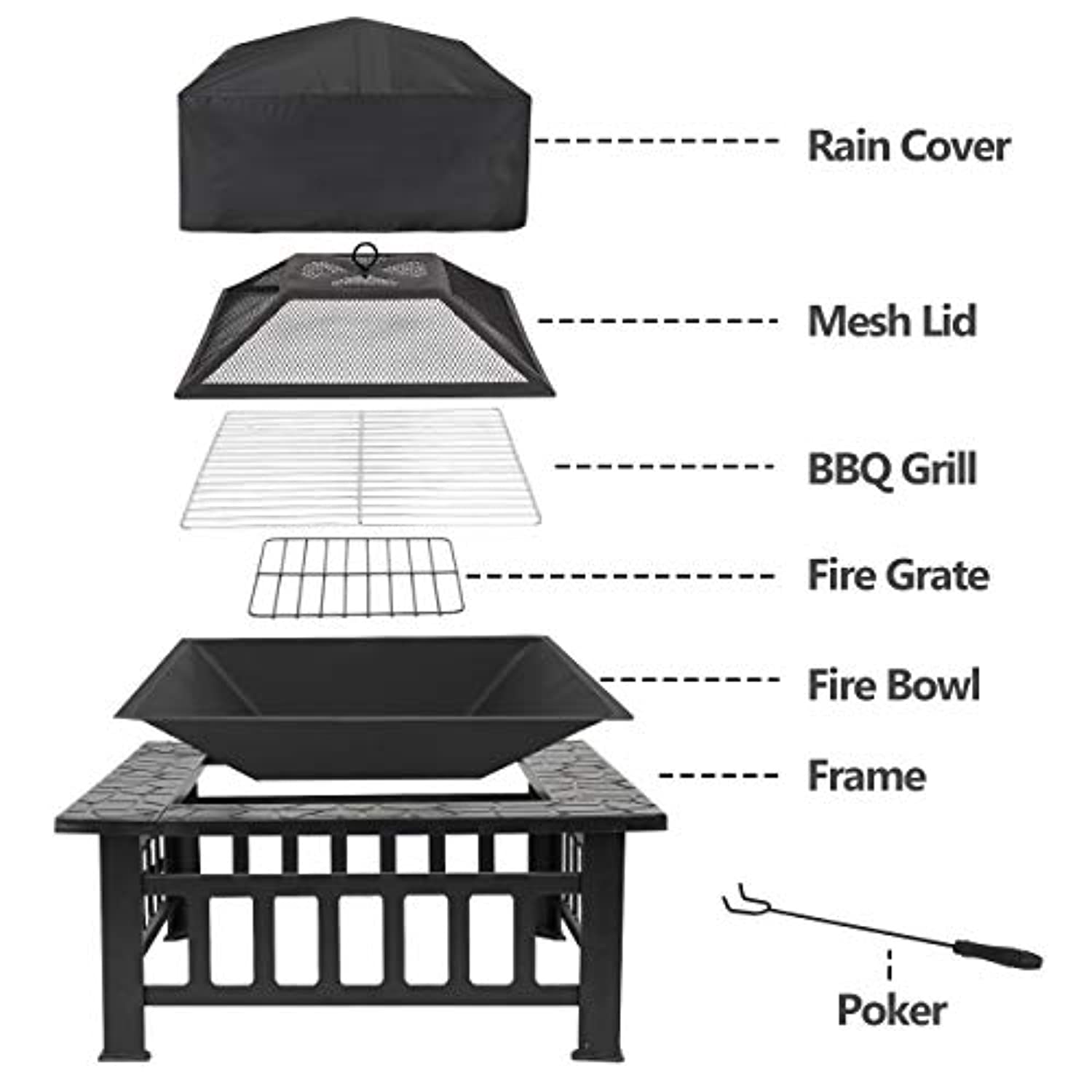 32 inch Outdoor Square Metal Firepit Backyard Patio Garden Stove Wood Burning BBQ Fire Pit with Rain Cover-Toppalletfly