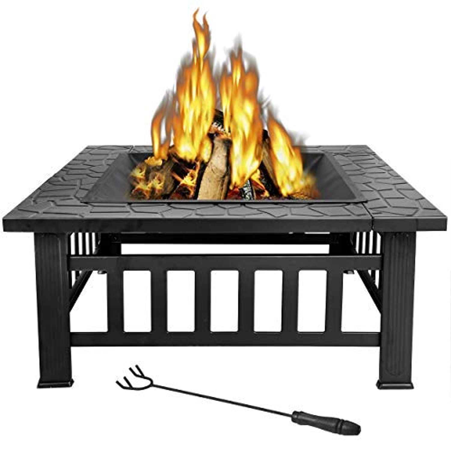 32 inch Outdoor Square Metal Firepit Backyard Patio Garden Stove Wood Burning BBQ Fire Pit with Rain Cover-Toppalletfly
