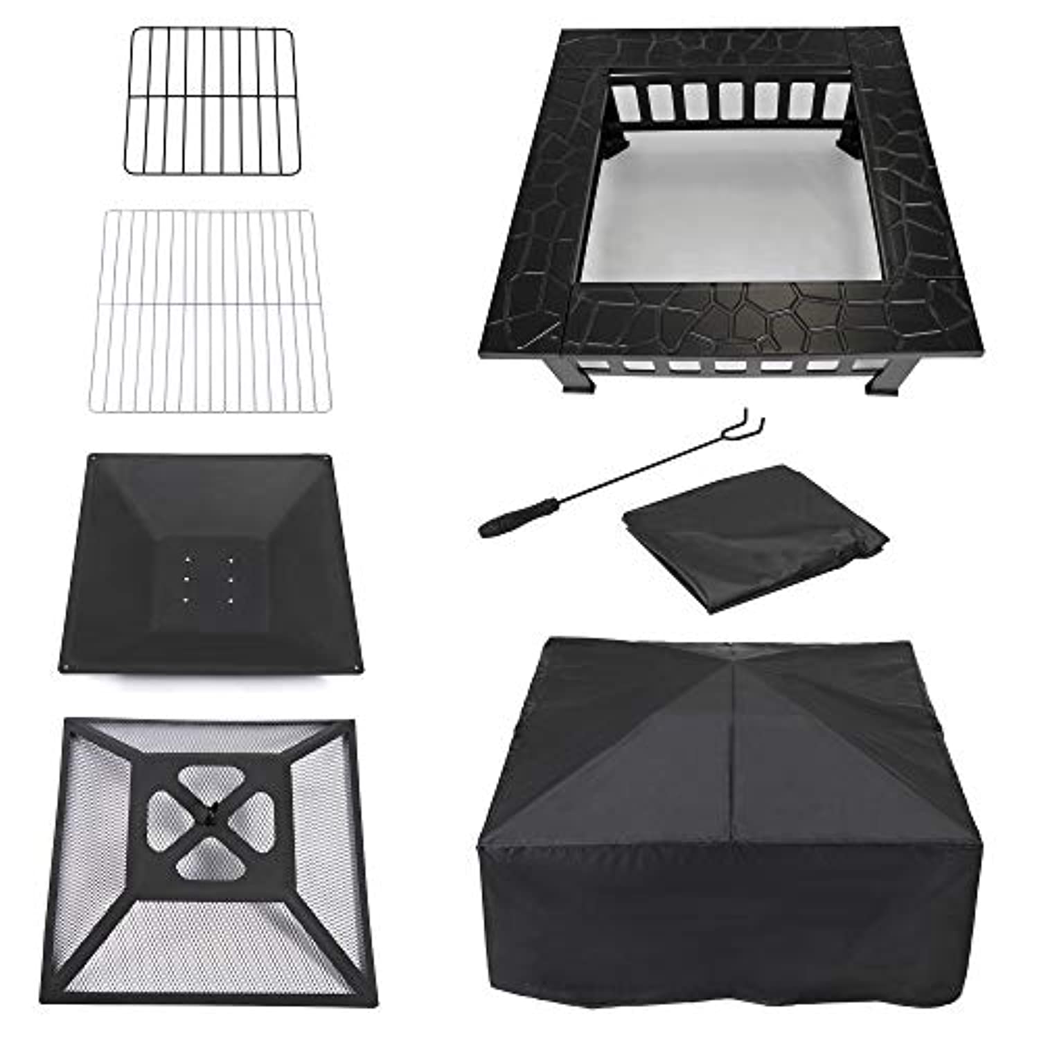 32 inch Outdoor Square Metal Firepit Backyard Patio Garden Stove Wood Burning BBQ Fire Pit with Rain Cover-Toppalletfly