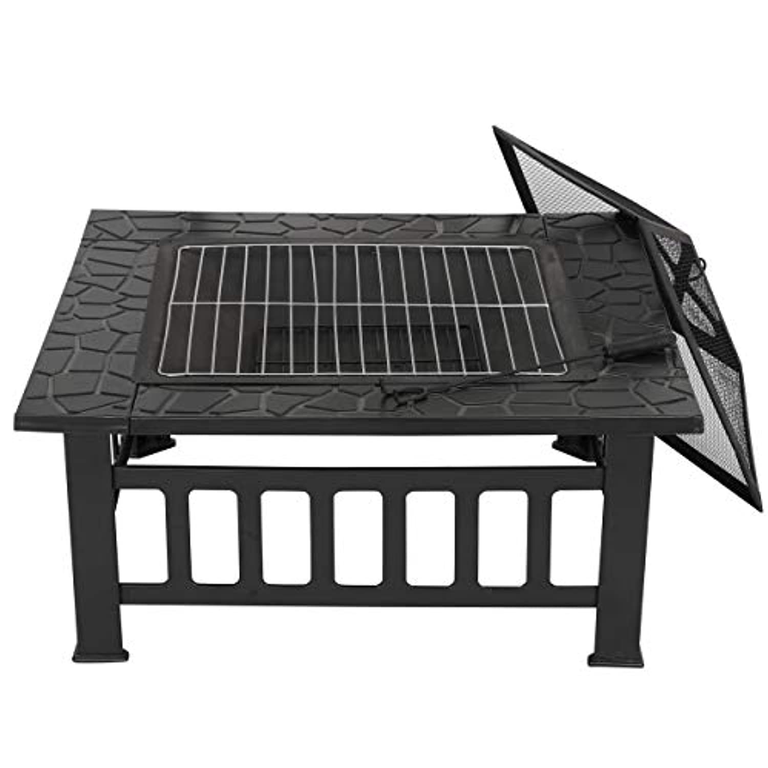 32 inch Outdoor Square Metal Firepit Backyard Patio Garden Stove Wood Burning BBQ Fire Pit with Rain Cover-Toppalletfly