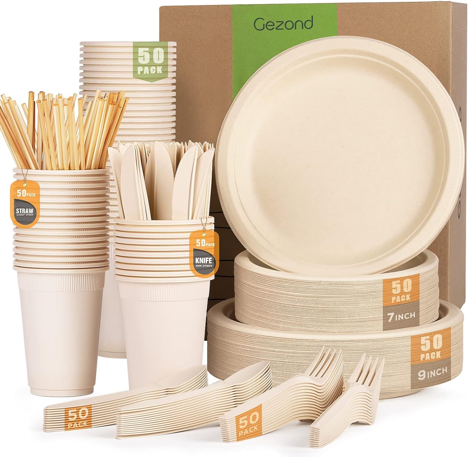 350 Pcs Compostable Paper Plates Set, Eco-friendly Heavy-duty Disposable Cutlery, Biodegradable Forks, Knives, Spoons, Cups and Straws-Toppalletfly