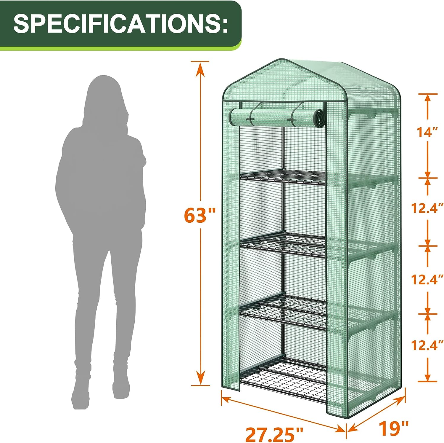 4 Tier Mini Greenhouse Indoor Outdoor with PE Cover and Roll-Up Zipper Door, Portable Greenhouse Tent Grow Seeds & Seedlings, 27x19x63-Inch-Toppalletfly
