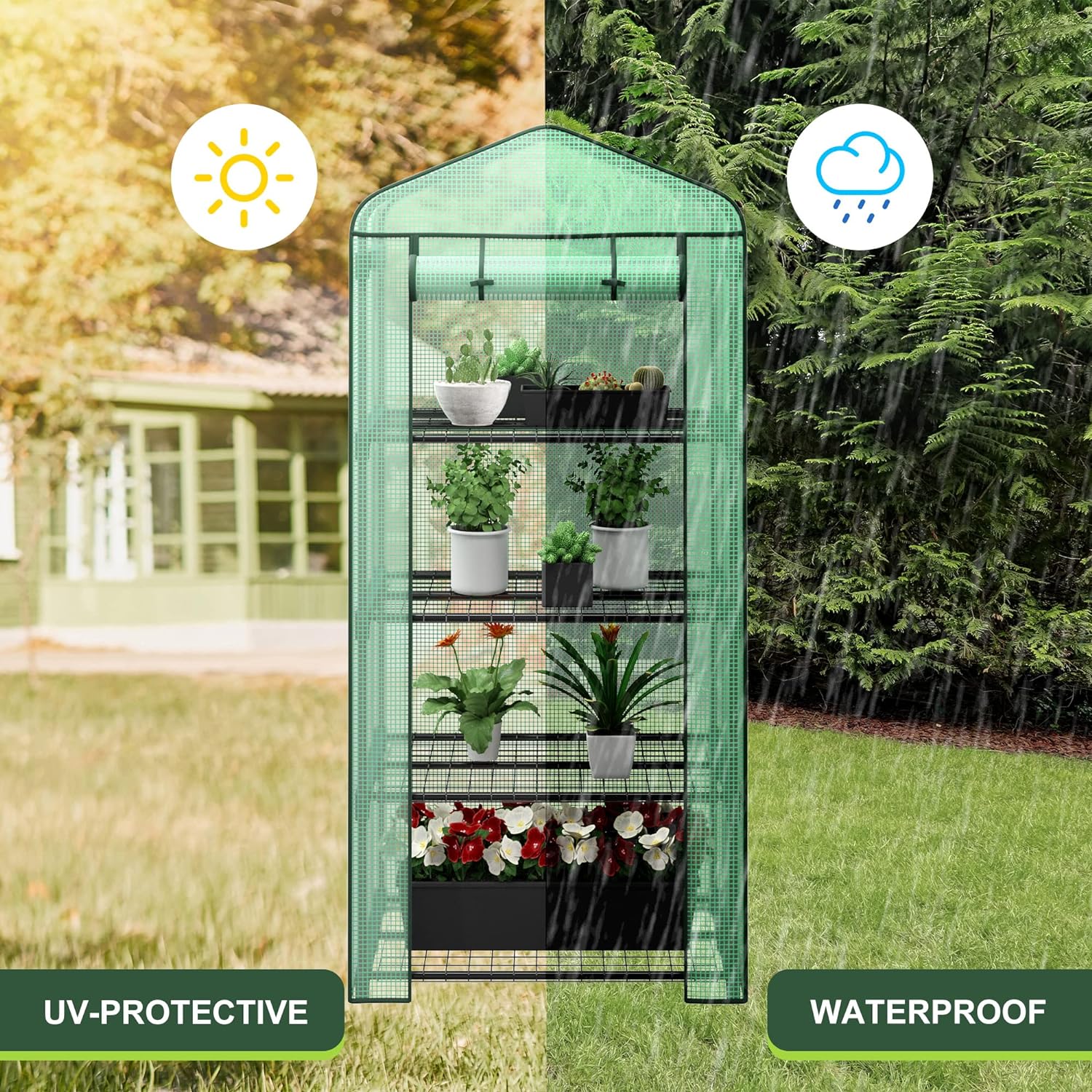 4 Tier Mini Greenhouse Indoor Outdoor with PE Cover and Roll-Up Zipper Door, Portable Greenhouse Tent Grow Seeds & Seedlings, 27x19x63-Inch-Toppalletfly