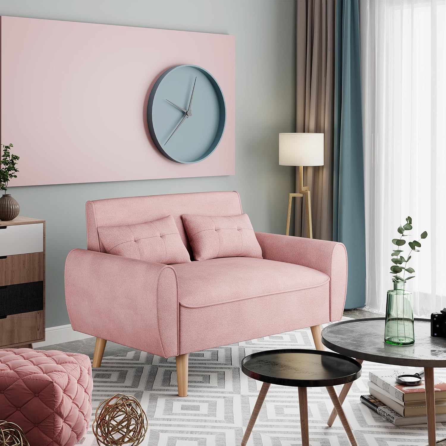 47" Small Modern Loveseat Sofa, Linen Fabric 2-Seat Sofa Couch with Back Cushions and Tapered Wood Legs-Toppalletfly