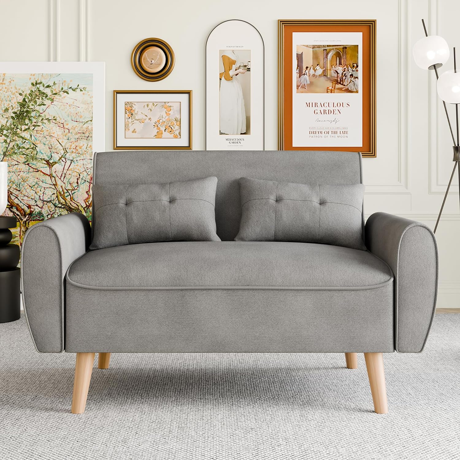 47" Small Modern Loveseat Sofa, Linen Fabric 2-Seat Sofa Couch with Back Cushions and Tapered Wood Legs-Toppalletfly