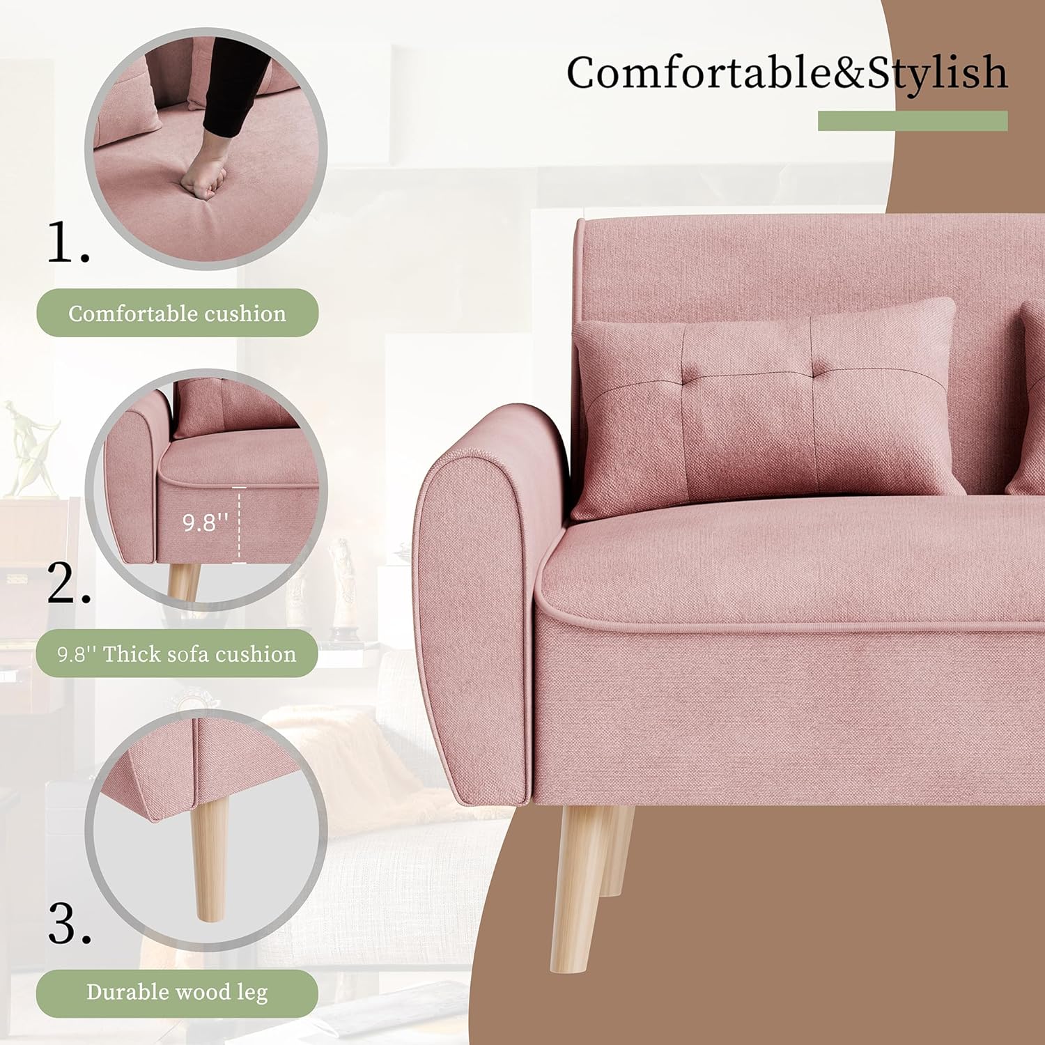 47" Small Modern Loveseat Sofa, Linen Fabric 2-Seat Sofa Couch with Back Cushions and Tapered Wood Legs-Toppalletfly