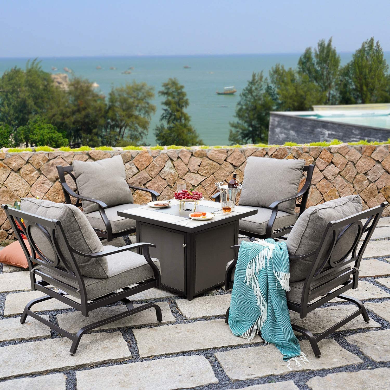 5 PCS Outdoor Furniture Conversation with 32 in Fire Table Set Grey Cushions Rocking Chairs Propane Gas Fire Pit-Toppalletfly