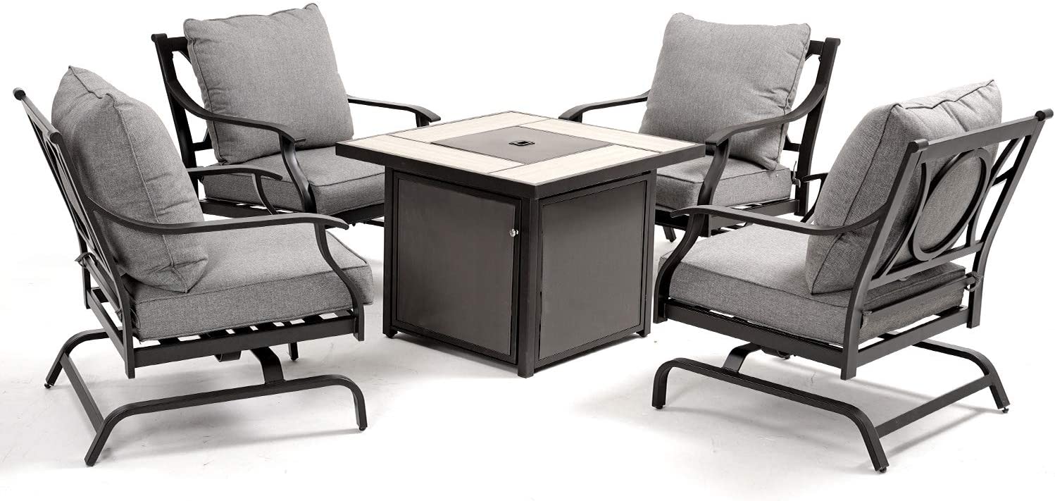 5 PCS Outdoor Furniture Conversation with 32 in Fire Table Set Grey Cushions Rocking Chairs Propane Gas Fire Pit-Toppalletfly