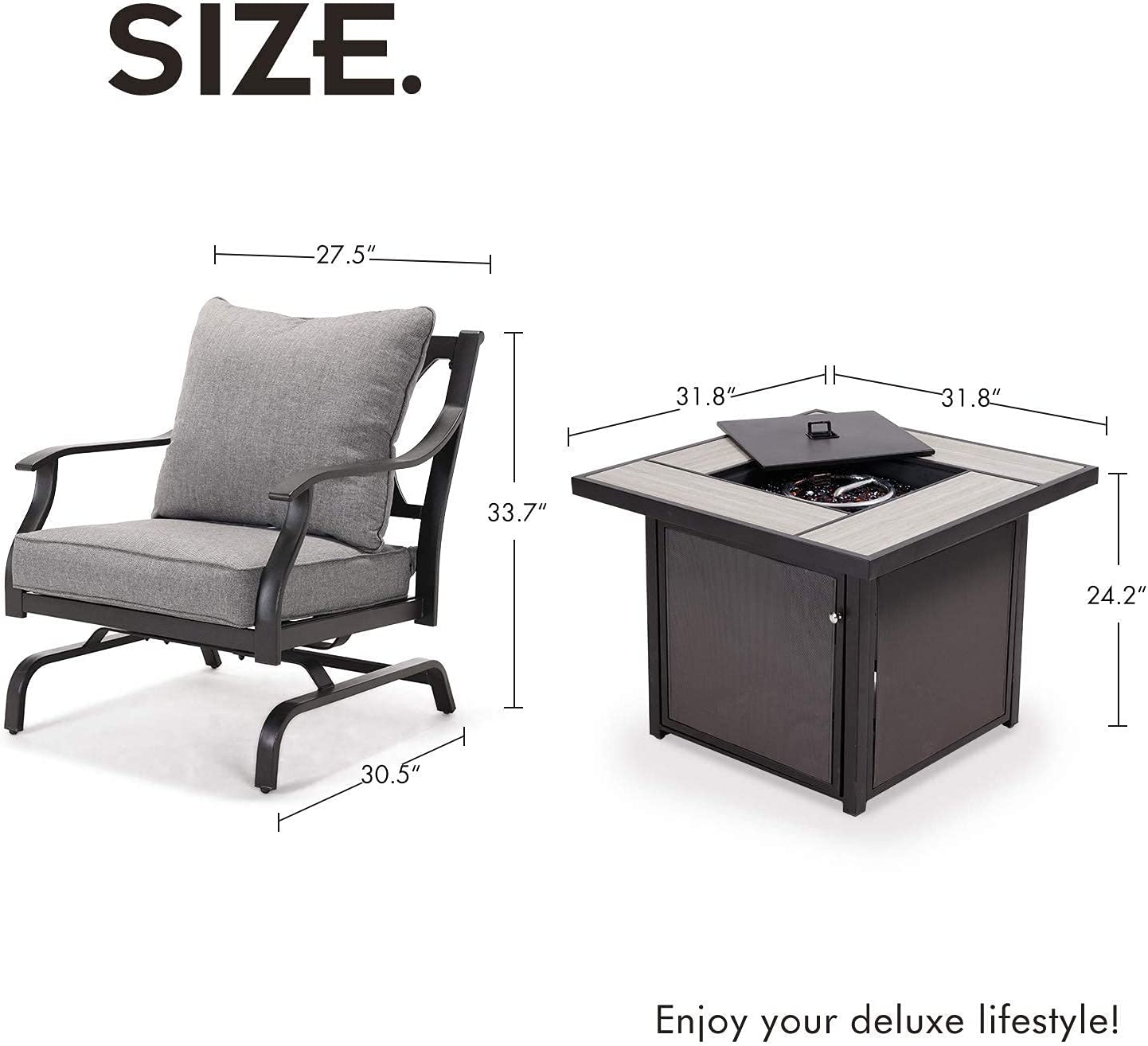 5 PCS Outdoor Furniture Conversation with 32 in Fire Table Set Grey Cushions Rocking Chairs Propane Gas Fire Pit-Toppalletfly