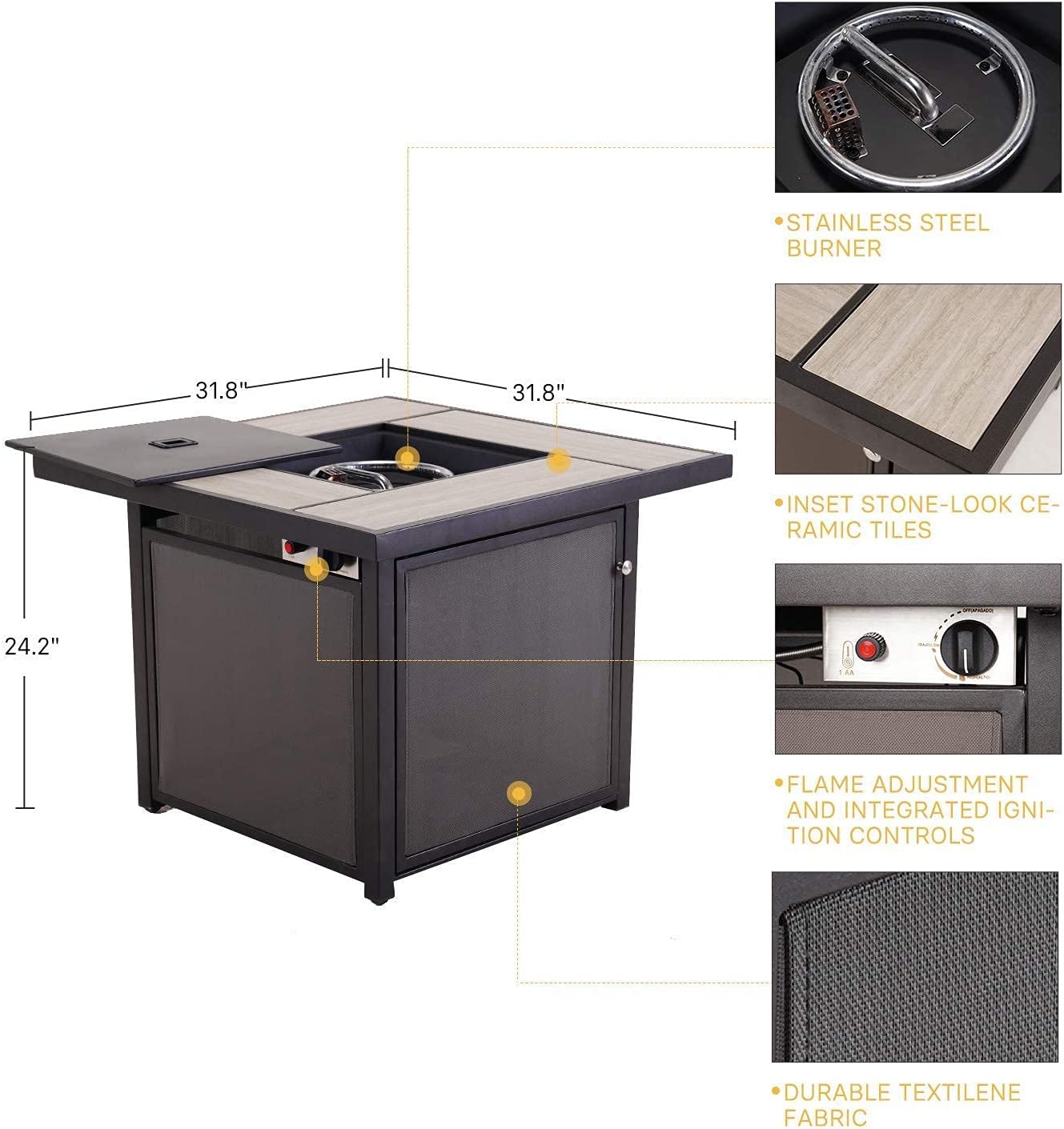 5 PCS Outdoor Furniture Conversation with 32 in Fire Table Set Grey Cushions Rocking Chairs Propane Gas Fire Pit-Toppalletfly