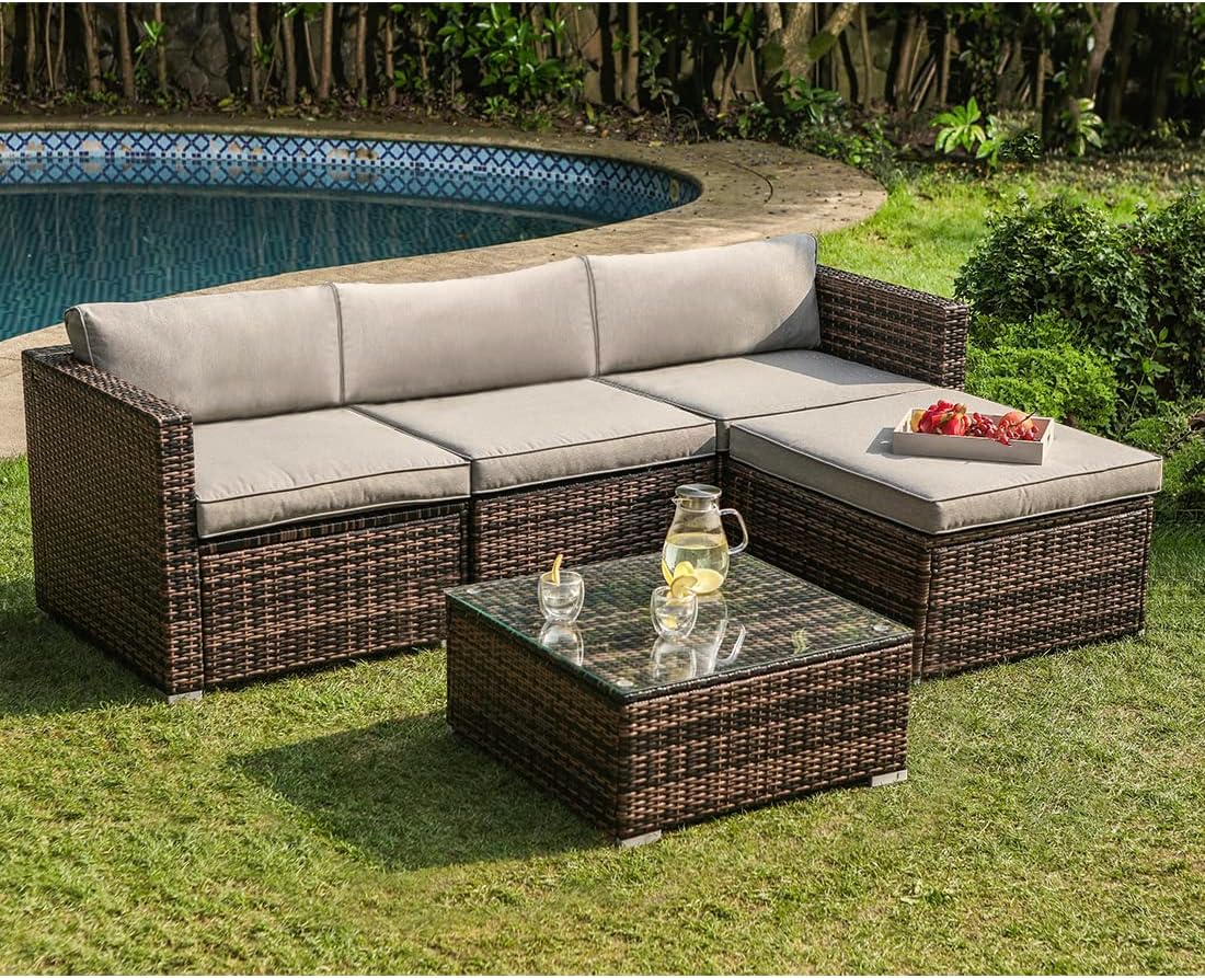 5-Piece Outdoor Furniture All-Weather Mottlewood Brown Wicker Sectional Sofa w Warm Gray Thick Cushions, Glass-Top Coffee Table, Patio-Toppalletfly