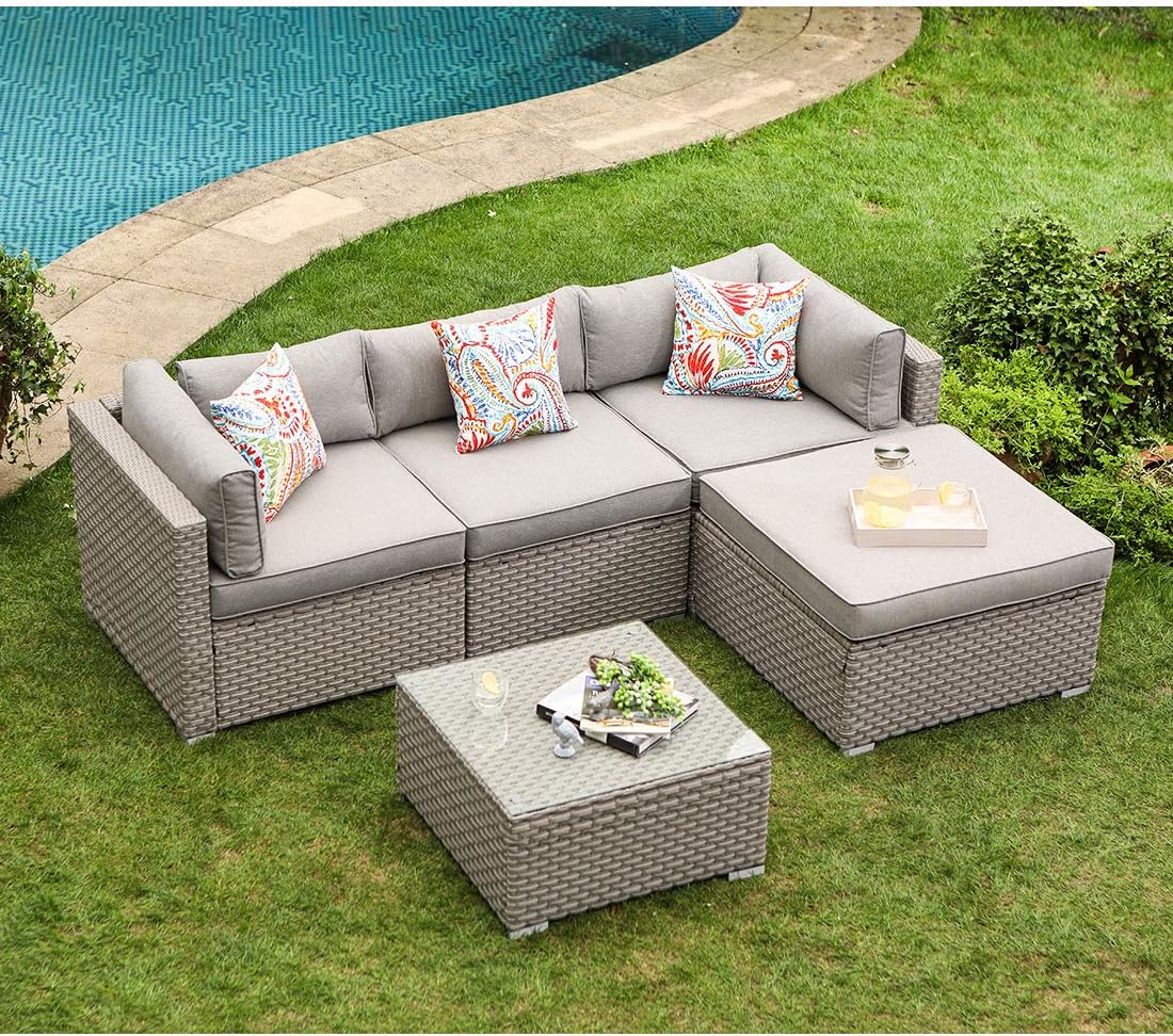5-Piece Outdoor Furniture All-Weather Mottlewood Brown Wicker Sectional Sofa w Warm Gray Thick Cushions, Glass-Top Coffee Table, Patio-Toppalletfly
