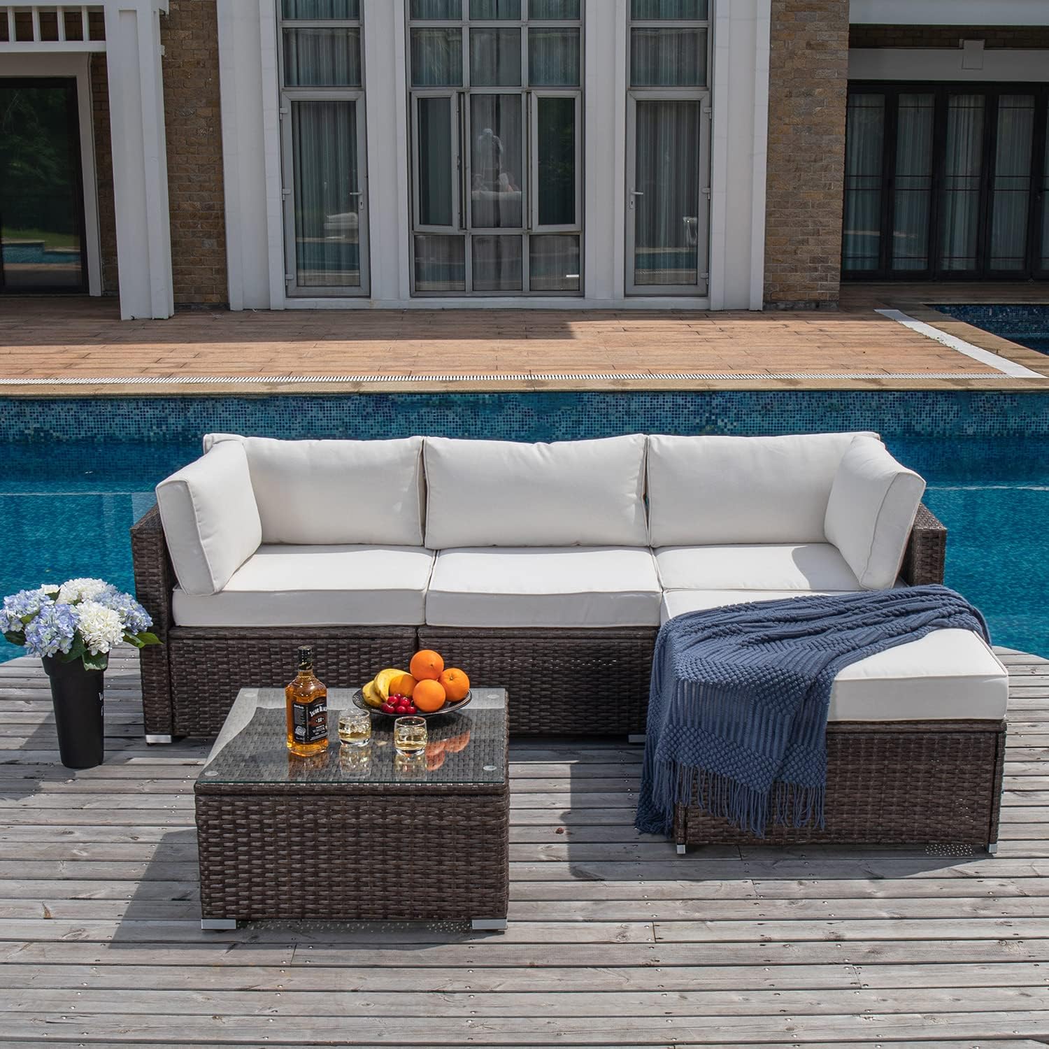 5-Piece Outdoor Furniture All-Weather Mottlewood Brown Wicker Sectional Sofa w Warm Gray Thick Cushions, Glass-Top Coffee Table, Patio-Toppalletfly