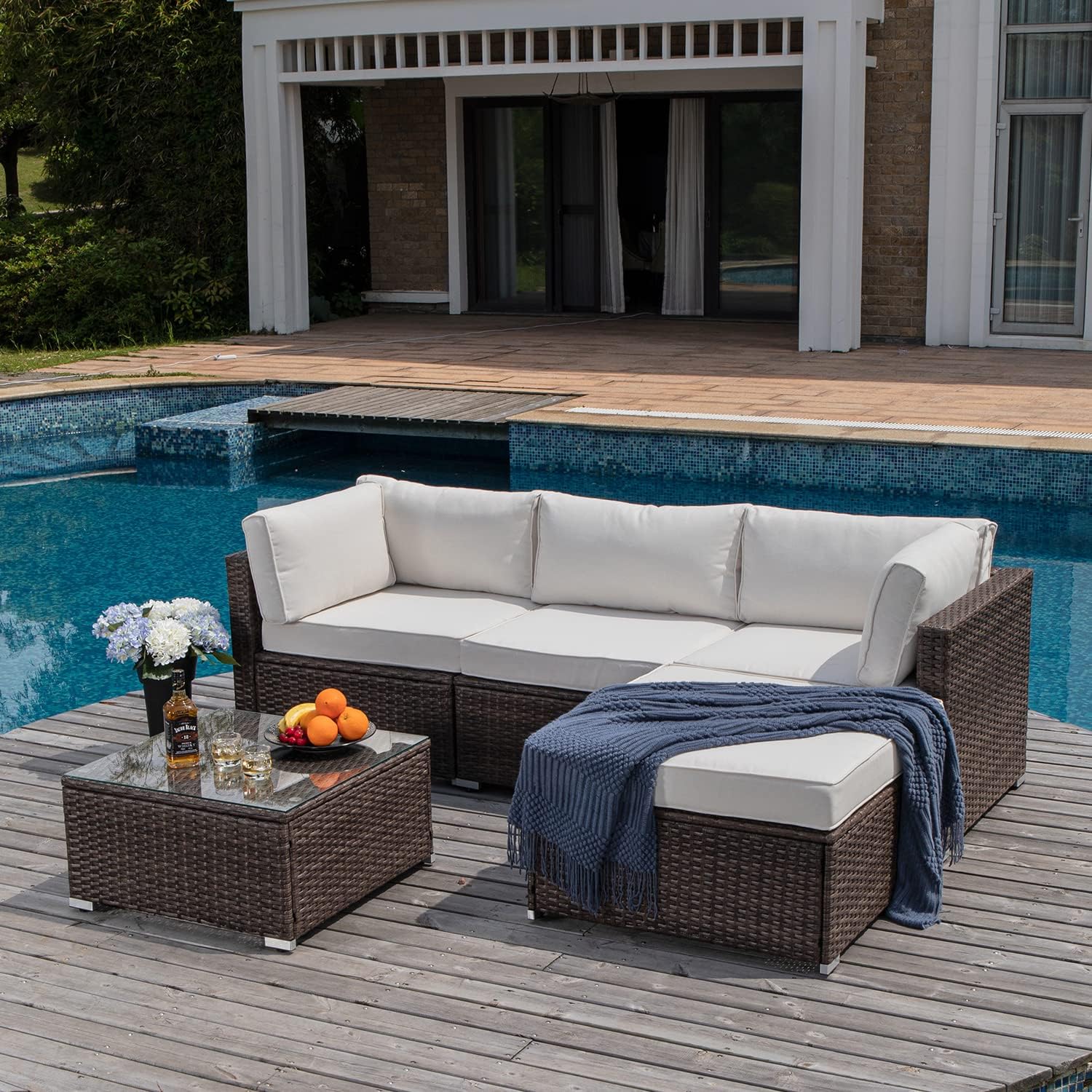 5-Piece Outdoor Furniture All-Weather Mottlewood Brown Wicker Sectional Sofa w Warm Gray Thick Cushions, Glass-Top Coffee Table, Patio-Toppalletfly