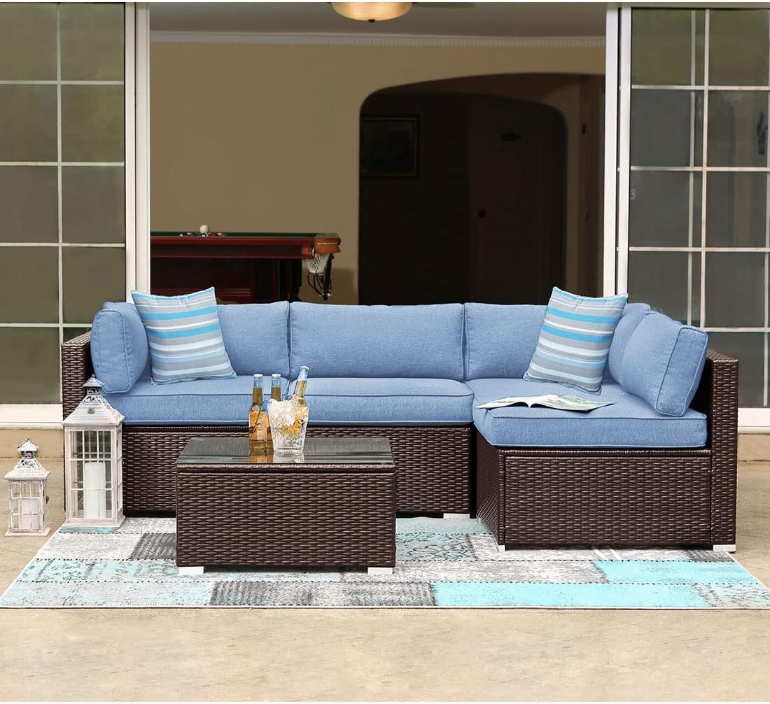5-Piece Outdoor Furniture All-Weather Mottlewood Brown Wicker Sectional Sofa w Warm Gray Thick Cushions, Glass-Top Coffee Table, Patio-Toppalletfly