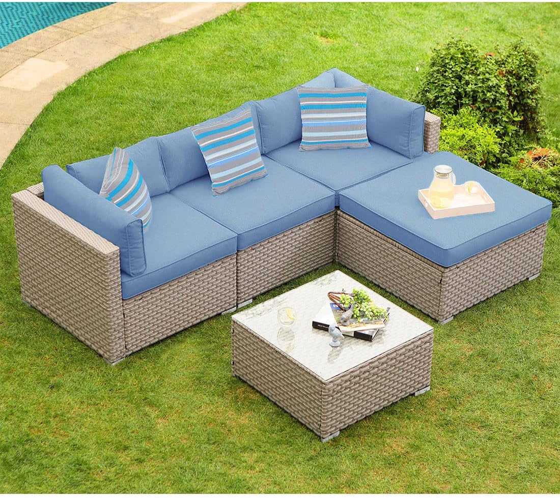 5-Piece Outdoor Furniture All-Weather Mottlewood Brown Wicker Sectional Sofa w Warm Gray Thick Cushions, Glass-Top Coffee Table, Patio-Toppalletfly