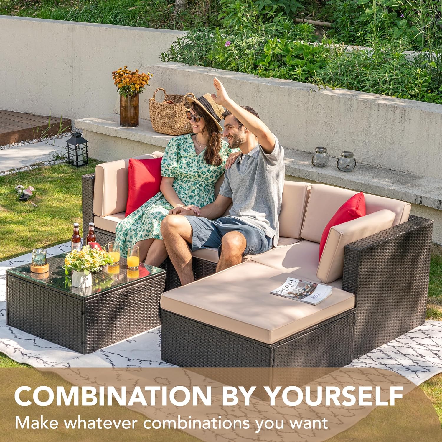 5 Pieces Patio Furniture Set, All Weather Outdoor Sectional Patio Sofa Manual Weaving Wicker Rattan Patio Seating Sofas with Cushion and Glass Table Beige-Toppalletfly