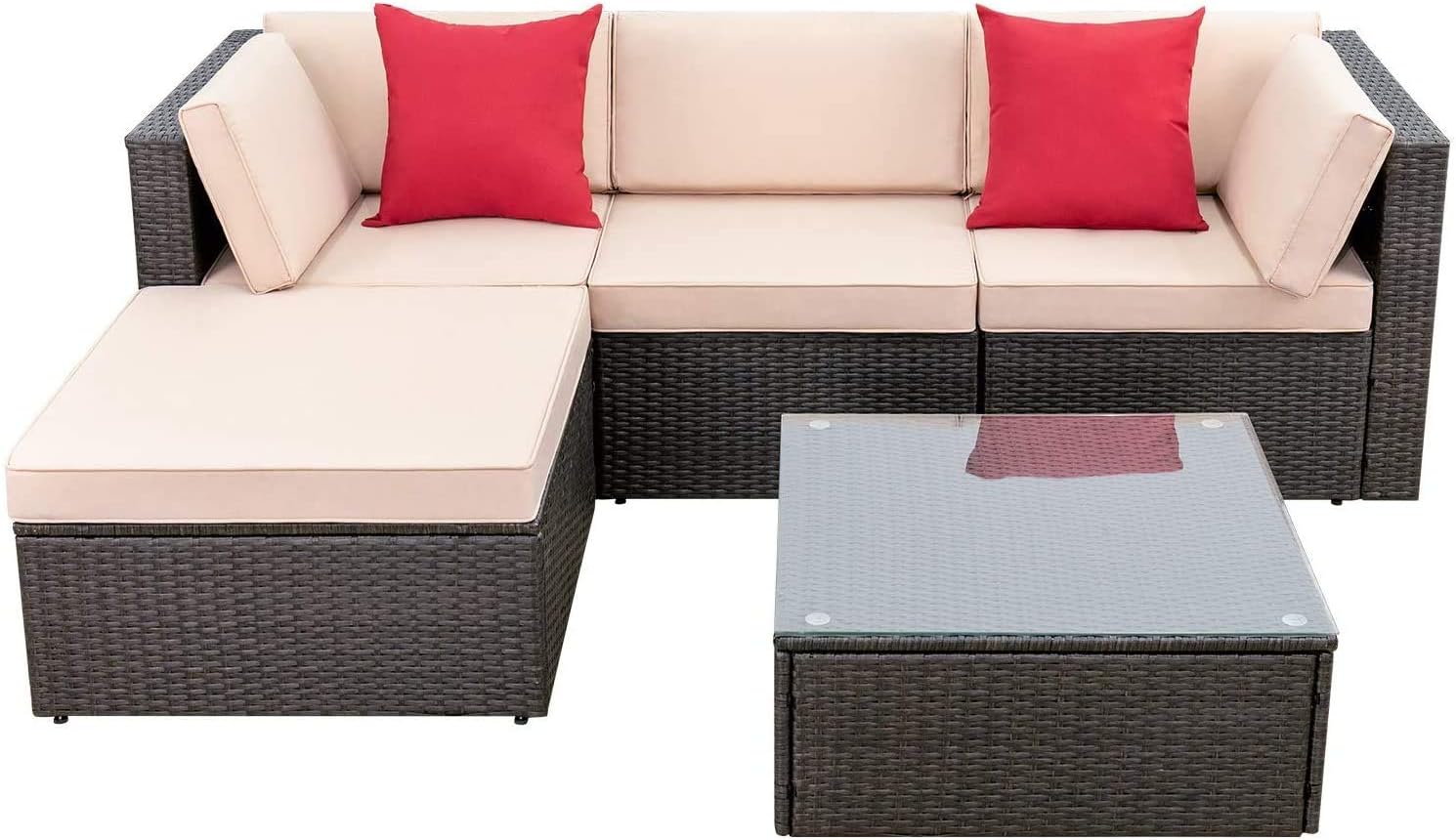 5 Pieces Patio Furniture Set, All Weather Outdoor Sectional Patio Sofa Manual Weaving Wicker Rattan Patio Seating Sofas with Cushion and Glass Table Beige-Toppalletfly