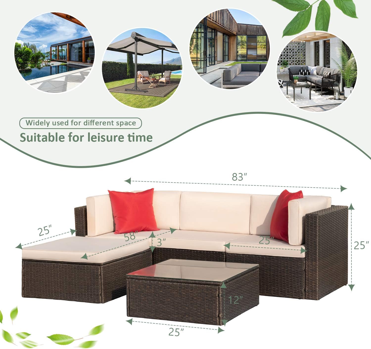 5 Pieces Patio Furniture Set, All Weather Outdoor Sectional Patio Sofa Manual Weaving Wicker Rattan Patio Seating Sofas with Cushion and Glass Table Beige-Toppalletfly