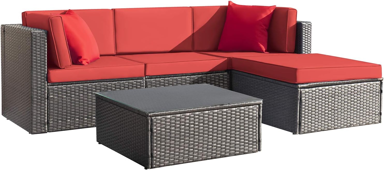 5 Pieces Patio Furniture Set, All Weather Outdoor Sectional Patio Sofa Manual Weaving Wicker Rattan Patio Seating Sofas with Cushion and Glass Table Beige-Toppalletfly