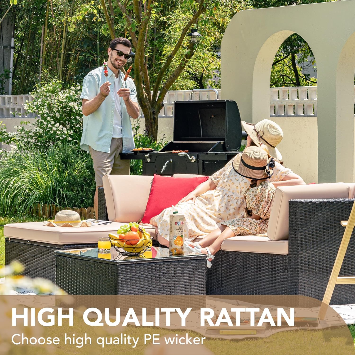 5 Pieces Patio Furniture Set, All Weather Outdoor Sectional Patio Sofa Manual Weaving Wicker Rattan Patio Seating Sofas with Cushion and Glass Table Beige-Toppalletfly