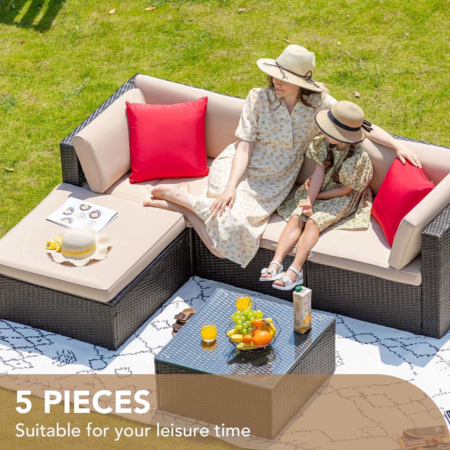 5 Pieces Patio Furniture Set, All Weather Outdoor Sectional Patio Sofa Manual Weaving Wicker Rattan Patio Seating Sofas with Cushion and Glass Table Beige-Toppalletfly