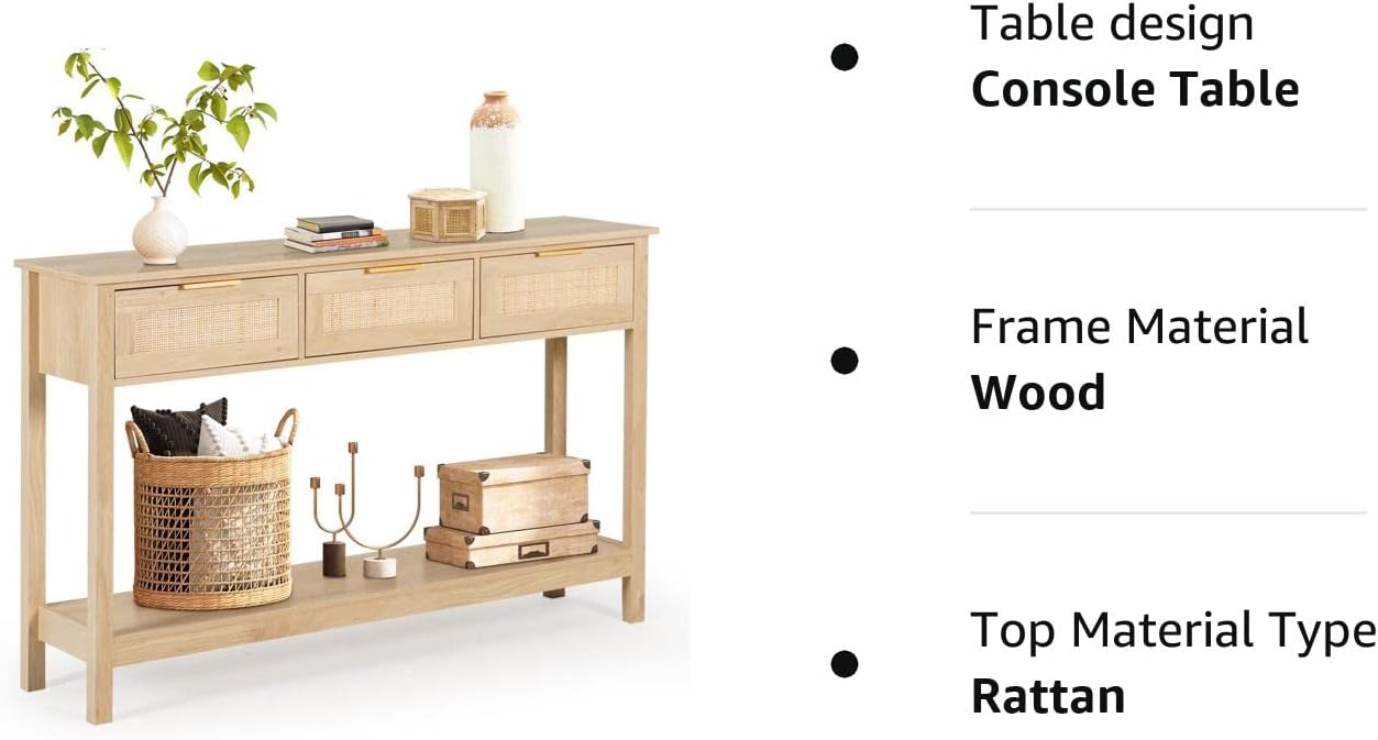 51" Table, Oak Grain Sofa Table with Wood Frame, Rustic Hallway Table with 3 Bamboo Weaving Storage Drawers and Shelf-Toppalletfly
