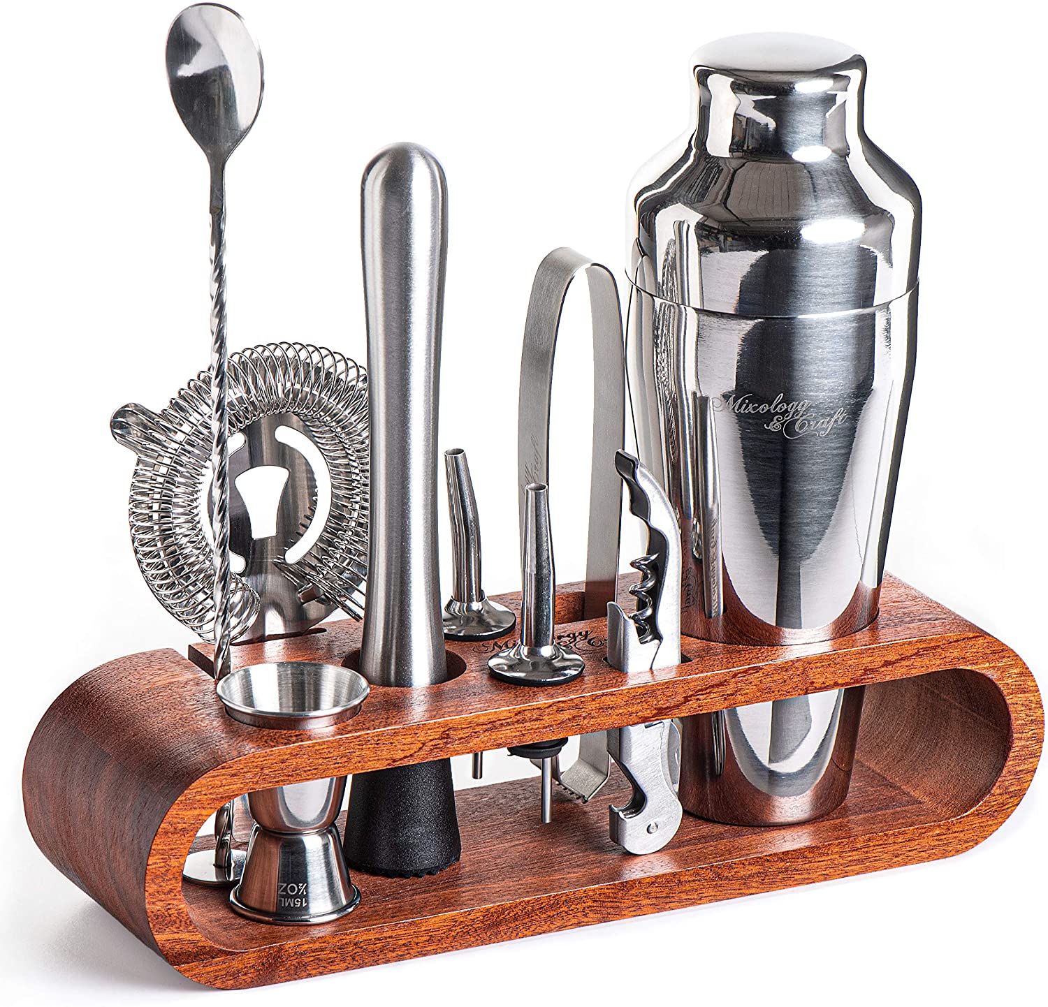Bartender Kit: 10-Piece Bar Set Cocktail Shaker Set with Stylish Wooden Stand-Toppalletfly