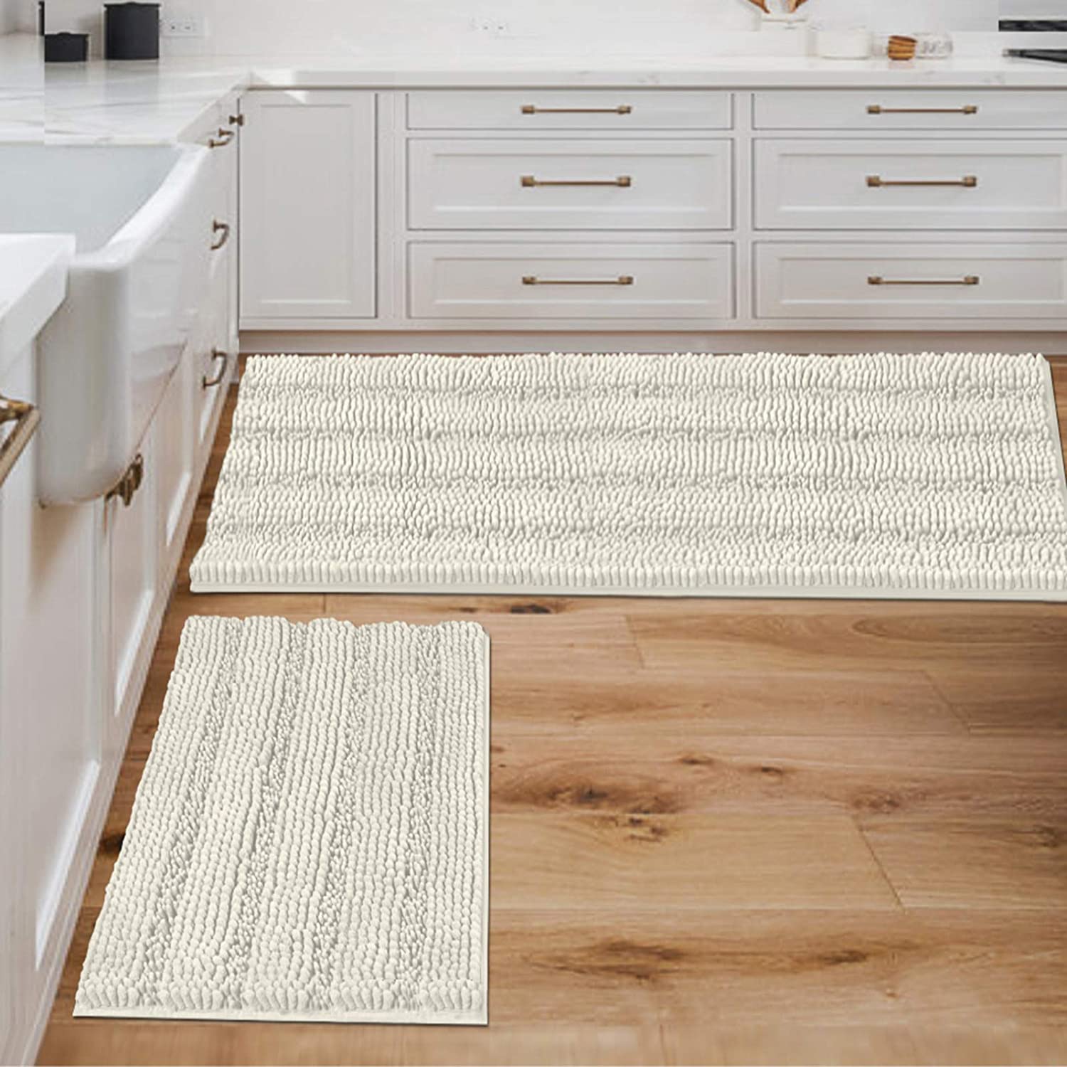 Bathroom Rugs, Super Absorbent Chenille Striped Non Skid Machine Wash Dry Rugs, Set of 2, 47 x 17 Plus 17 x 24 Inches-Toppalletfly