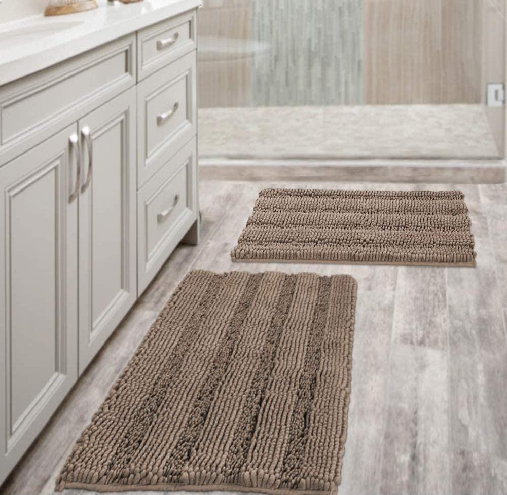 Bathroom Rugs, Super Absorbent Chenille Striped Non Skid Machine Wash Dry Rugs, Set of 2, 47 x 17 Plus 17 x 24 Inches-Toppalletfly