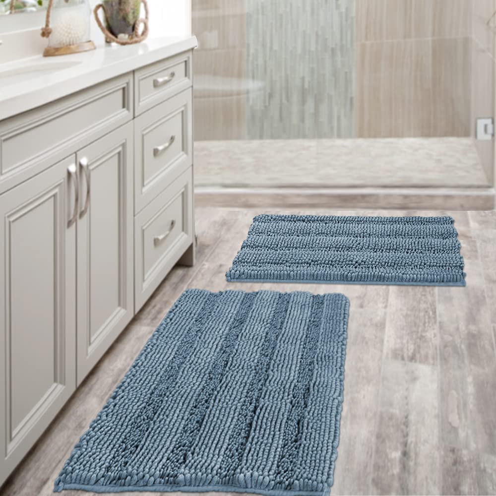 Bathroom Rugs, Super Absorbent Chenille Striped Non Skid Machine Wash Dry Rugs, Set of 2, 47 x 17 Plus 17 x 24 Inches-Toppalletfly