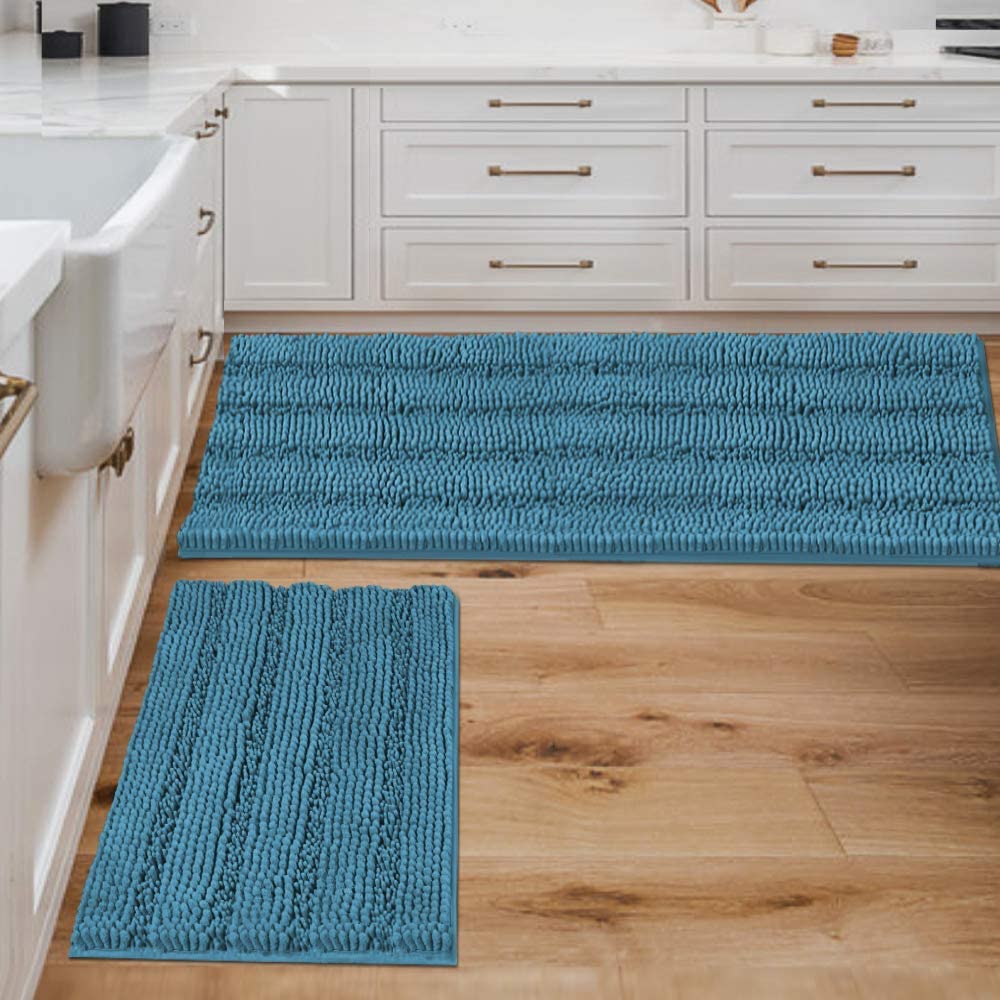 Bathroom Rugs, Super Absorbent Chenille Striped Non Skid Machine Wash Dry Rugs, Set of 2, 47 x 17 Plus 17 x 24 Inches-Toppalletfly