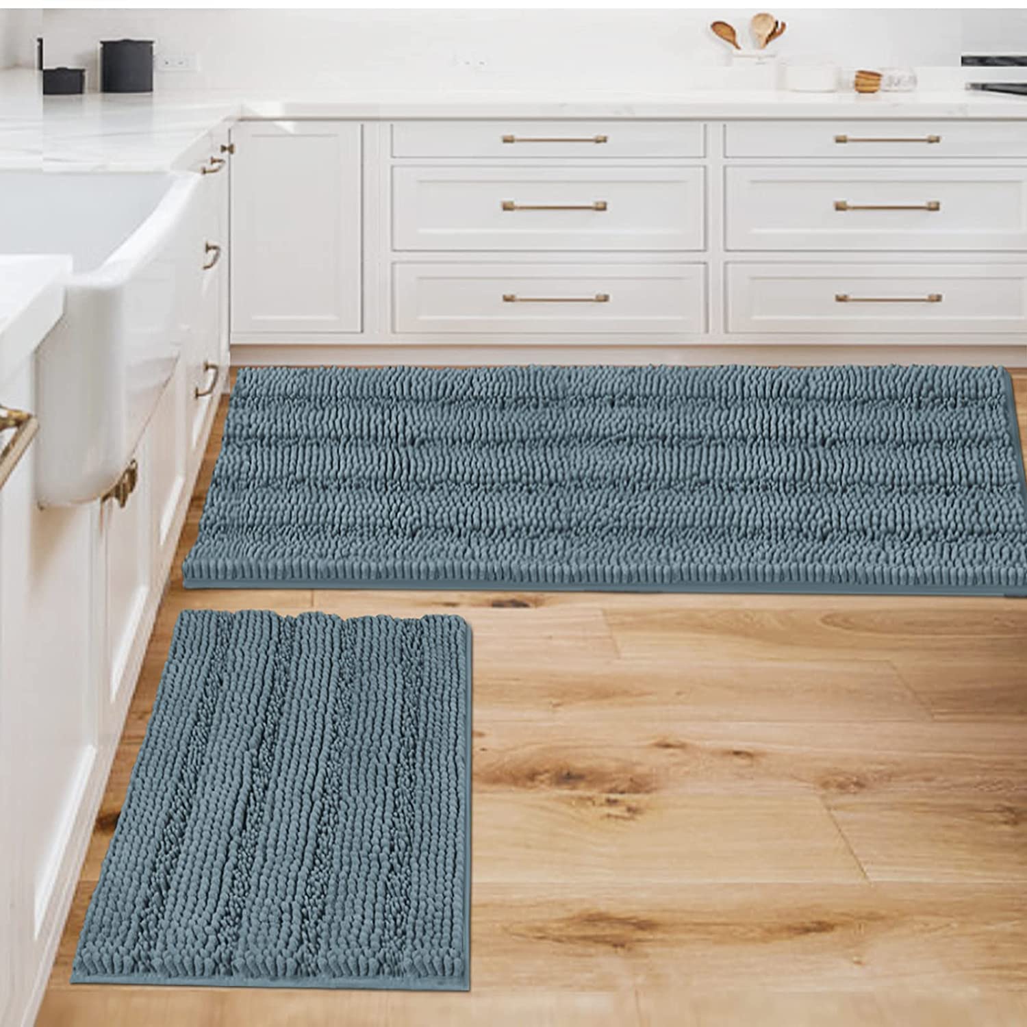 Bathroom Rugs, Super Absorbent Chenille Striped Non Skid Machine Wash Dry Rugs, Set of 2, 47 x 17 Plus 17 x 24 Inches-Toppalletfly