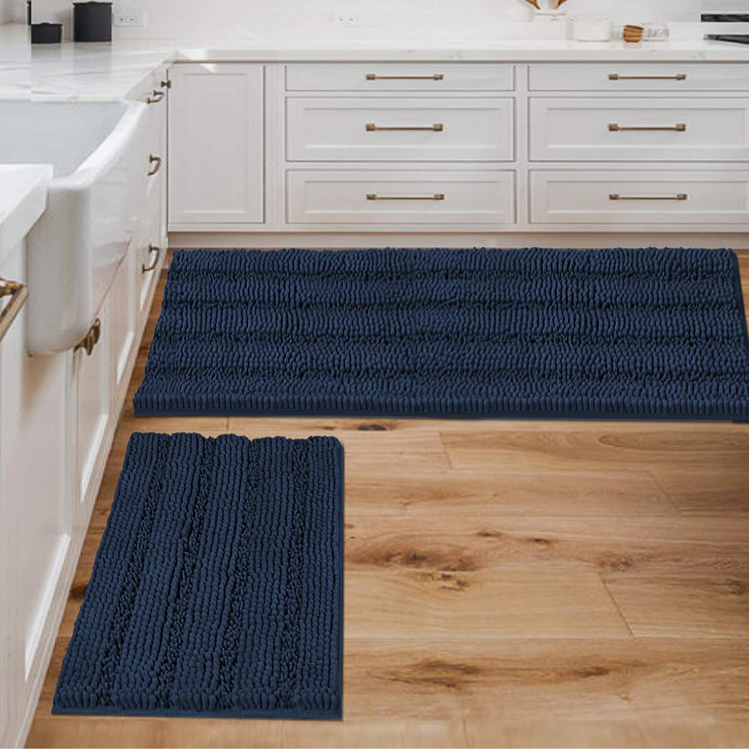 Bathroom Rugs, Super Absorbent Chenille Striped Non Skid Machine Wash Dry Rugs, Set of 2, 47 x 17 Plus 17 x 24 Inches-Toppalletfly